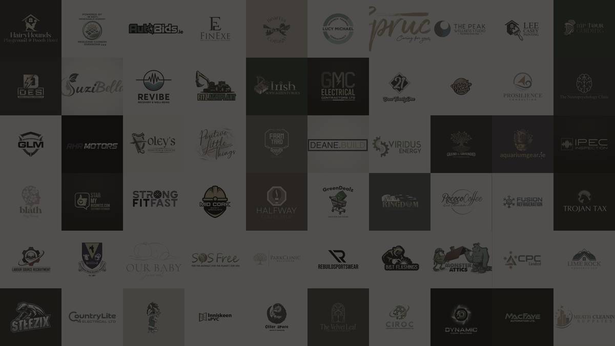 A grid of roughly sixty logos designed by Éire Graphic Design for Irish businesses, covering electrical contractors, motor and transport firms, cafés, wellness studios, construction companies, a tax practice and a school crest.