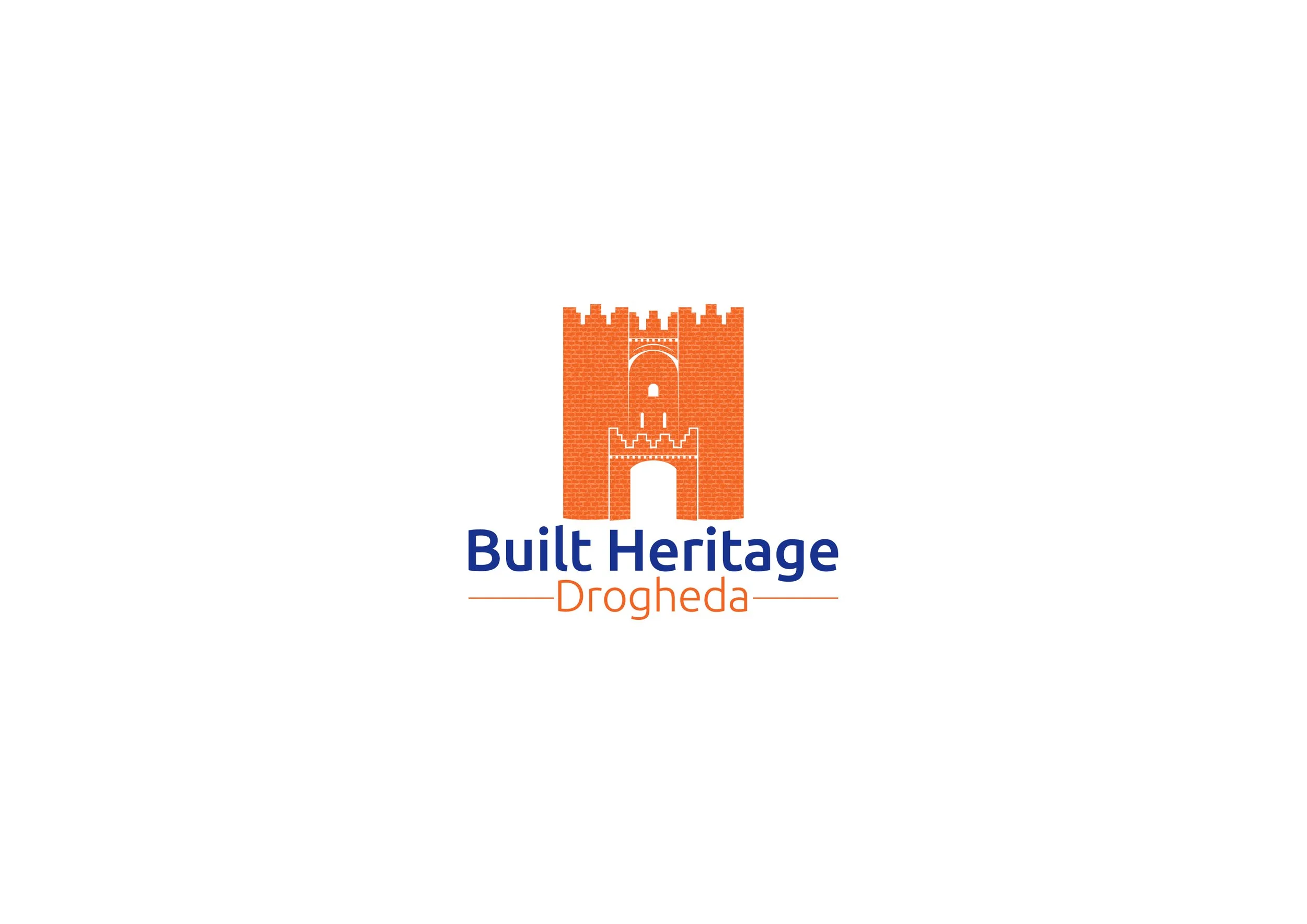 Logo of Built Heritage Drogheda featuring an orange brick castle tower with an arched entrance and battlements, with the text 'Built Heritage Drogheda' below.