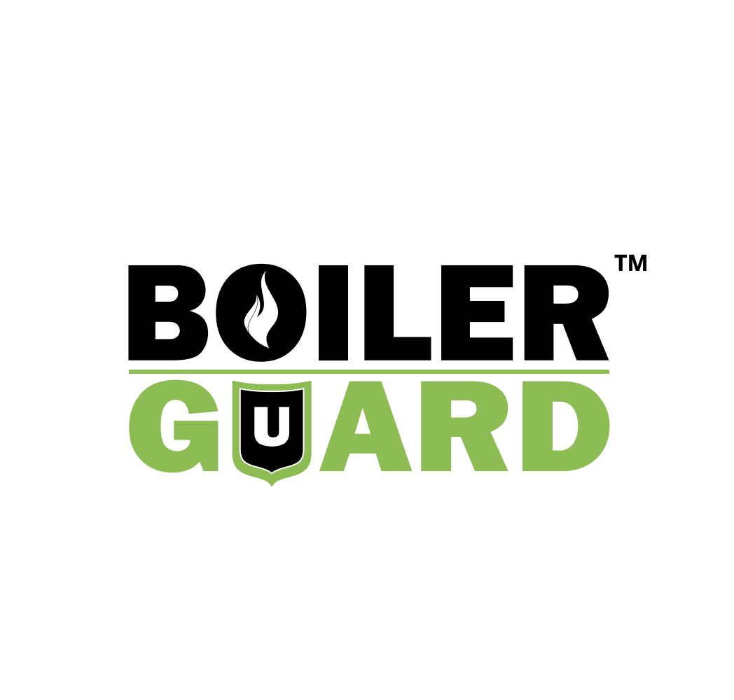 The Boiler Guard logo, with a flame burning inside the letter O of the word BOILER set in black, above the word GUARD in green sitting across a shield shape formed from the letter U.