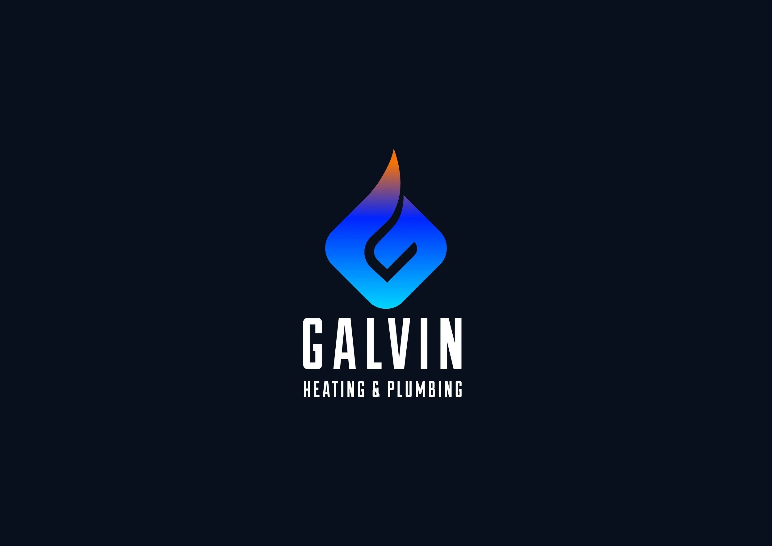 Logo for Galvin Heating & Plumbing featuring a stylized flame design in blue and orange with text below.