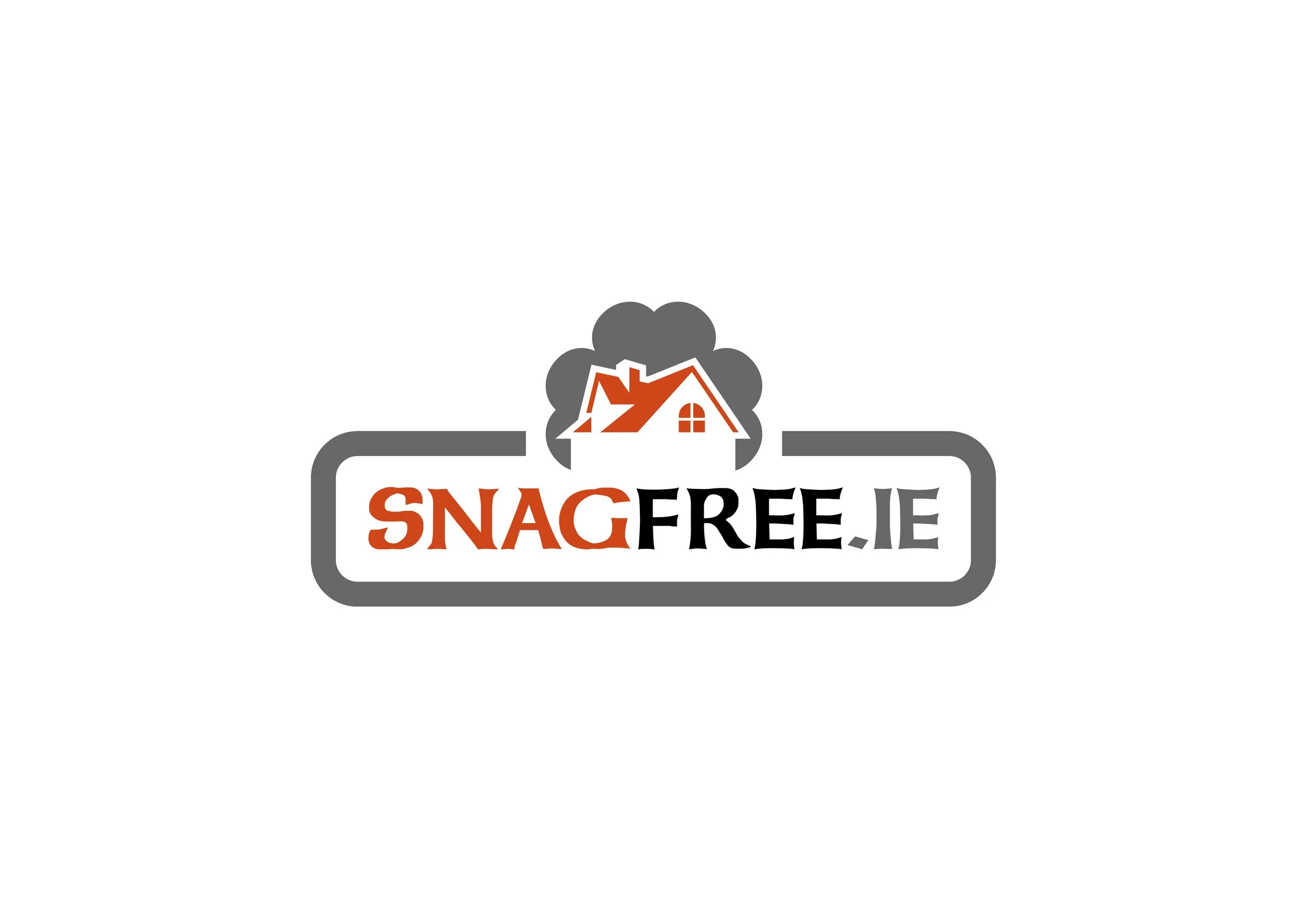 Logo for SNAGFREE.ie featuring a house with a chimney emitting smoke, enclosed in a rectangular border.