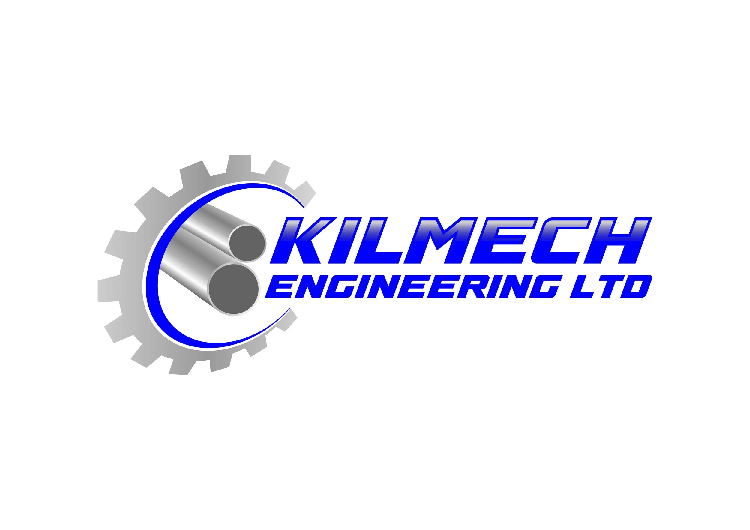 KILMECH ENGINEERING LTD logo with three gray metallic pipes, a gray gear, and blue text.