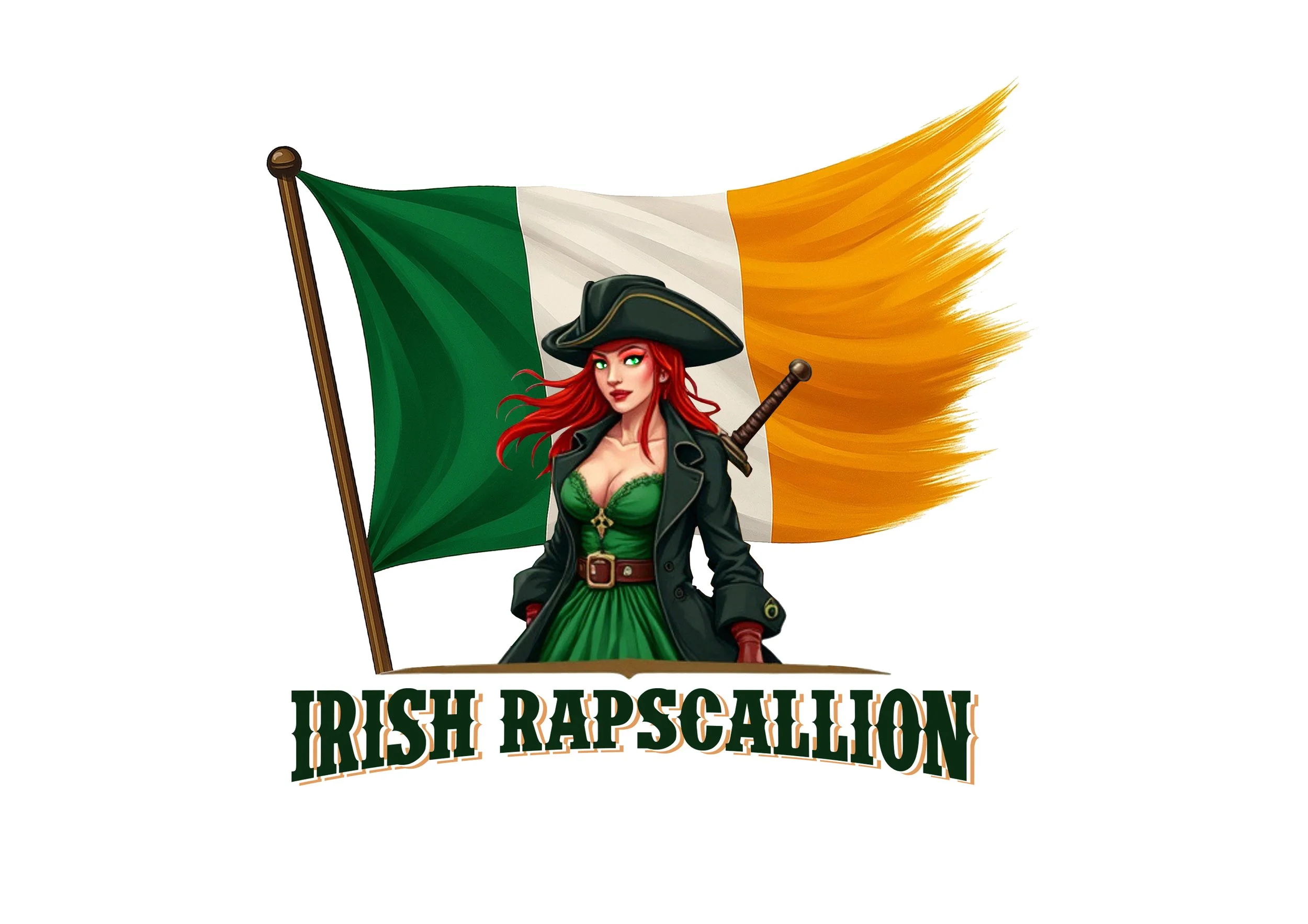 A confident woman with red hair dressed as a pirate, wearing a green dress and black coat, standing in front of an Irish flag with green, white, and orange sections, with the text 'IRISH RAPSALION' below.