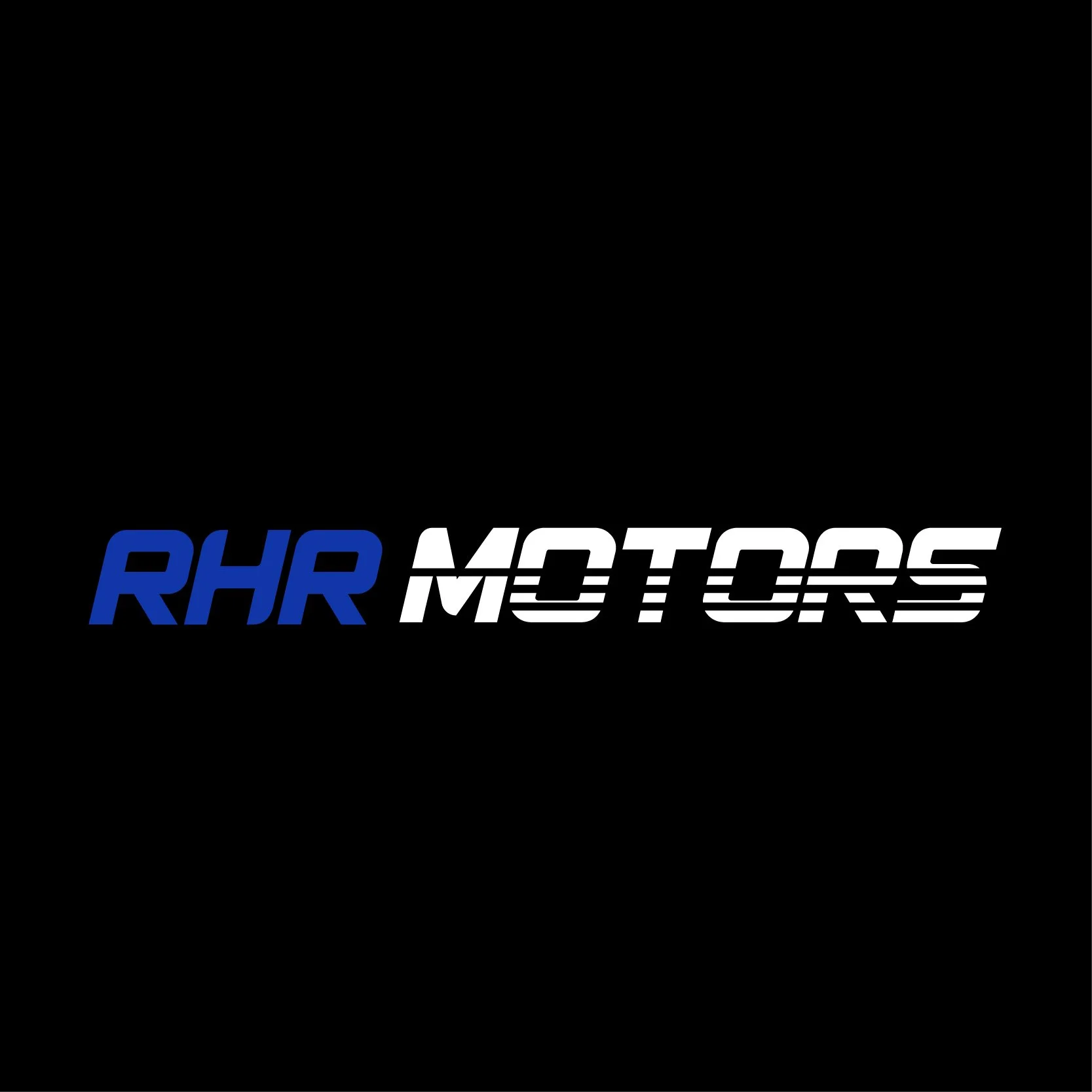 RHR Motors logo on a black background, with the text 'RHR' in blue and 'Motors' in white with black lines through the letters