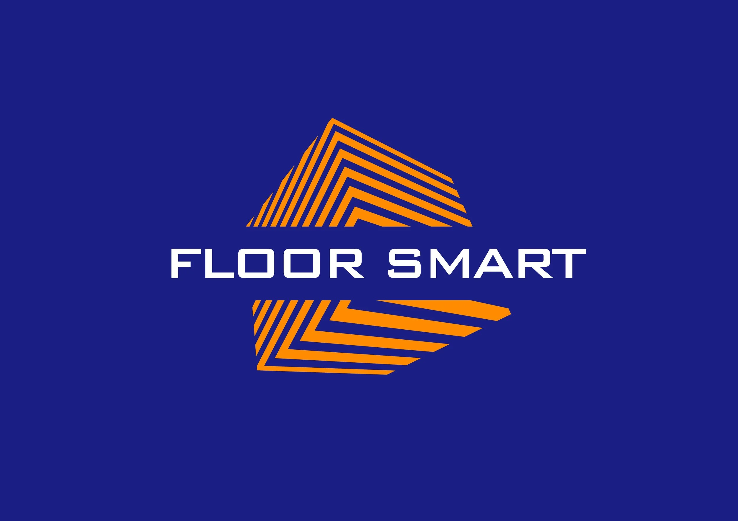Logo for Floor Smart with an orange geometric shape resembling a stylized floor pattern and the words 'Floor Smart' in white uppercase letters on a blue background.