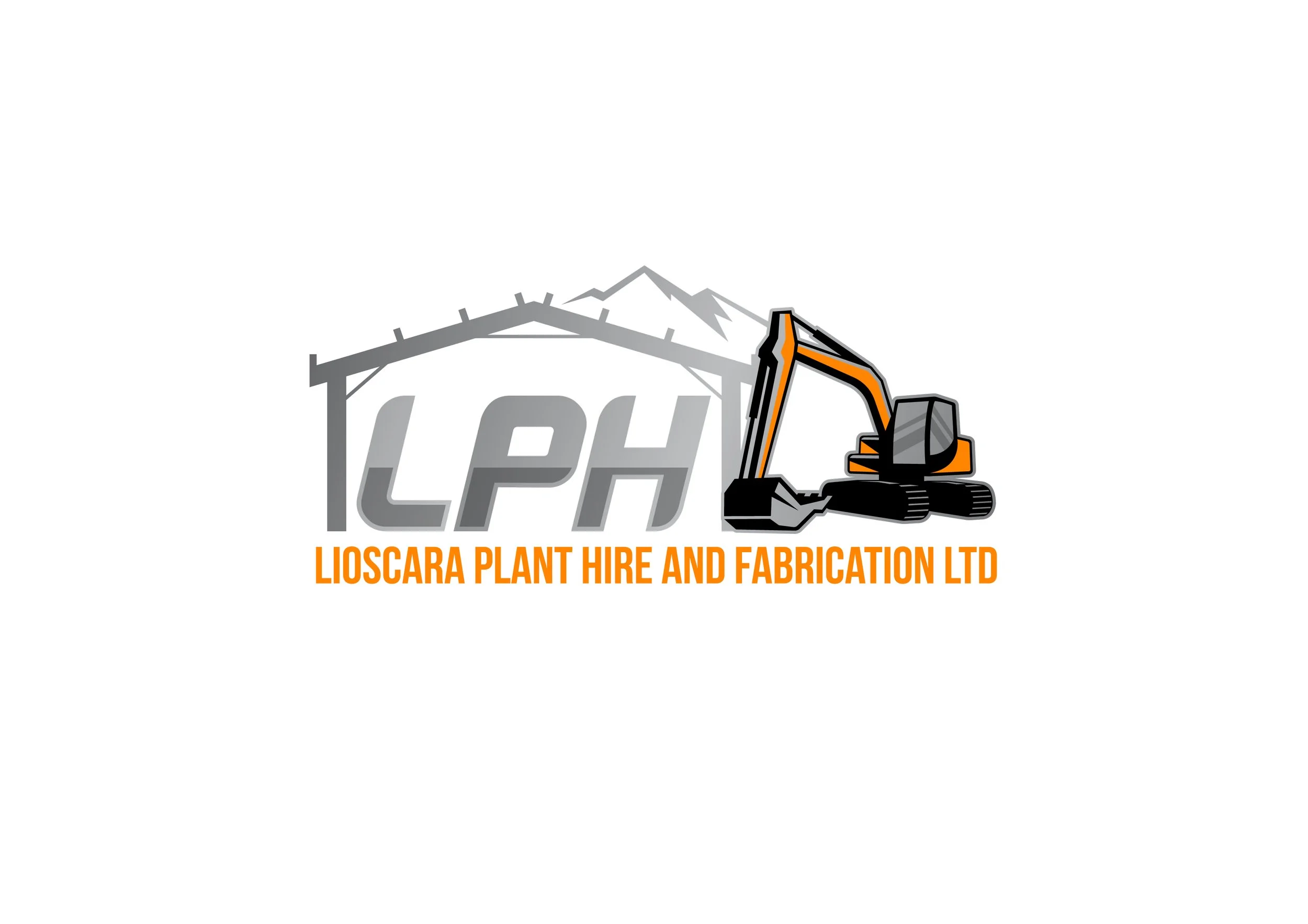 Logo for Lioscara Plant Hire and Fabrication Ltd featuring mountains, a building outline, and an excavator.