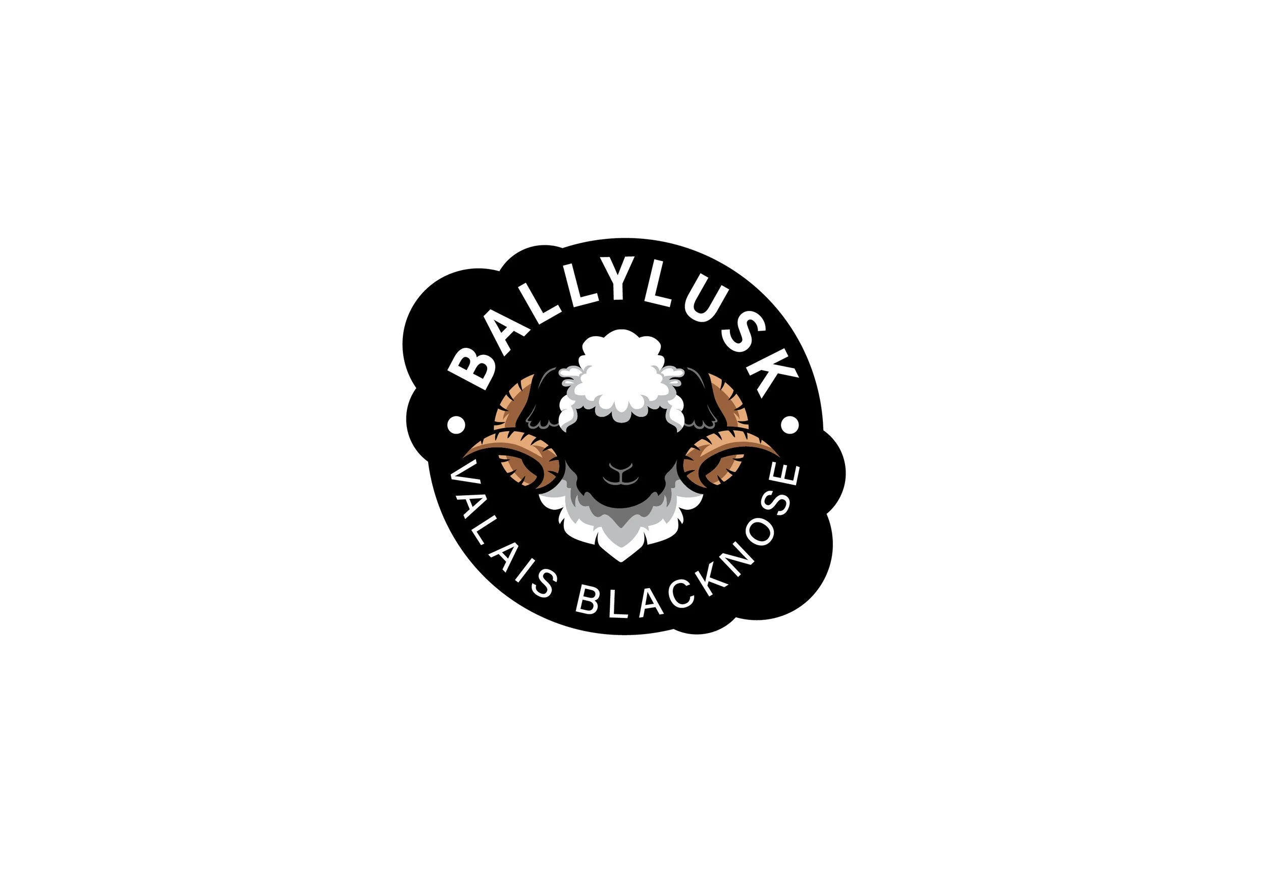 Logo with a cartoon sheep with curved horns, black face, and white wool, surrounded by the text 'Ballylusk Valais Blacknose' in a black circular border.