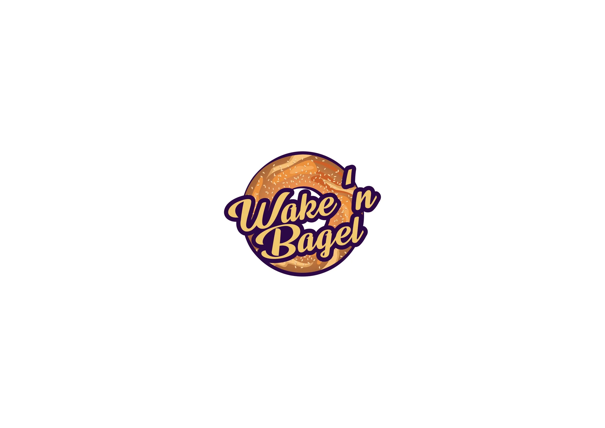 Logo for Wake 'n Bagel featuring a toasted bagel with the business name in stylized text.