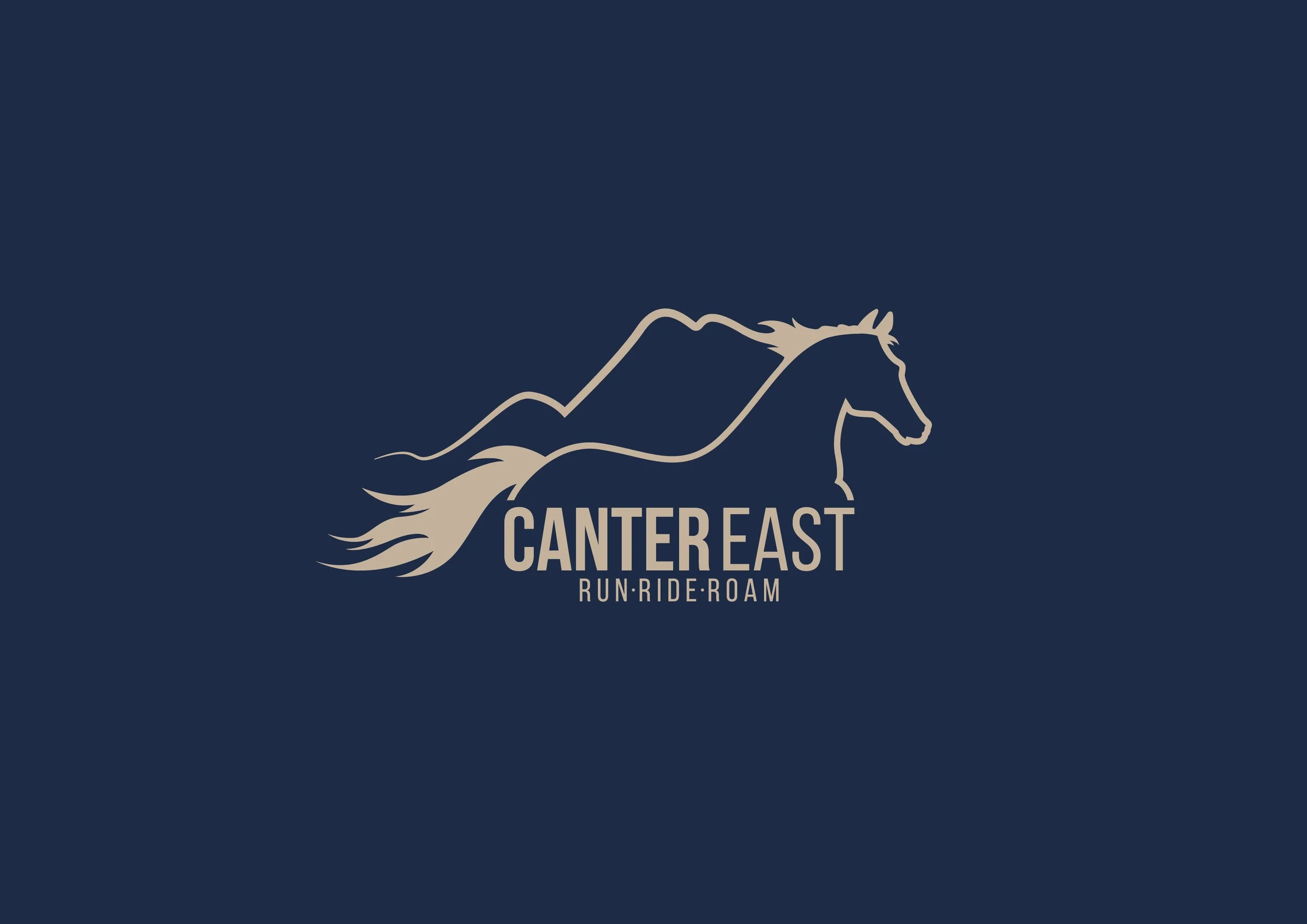 A logo for Canter East featuring a stylized outline of a horse with a mountain in the background and the words 'CANTER EAST' with the tagline 'RUN·RIDE·ROAM' below.