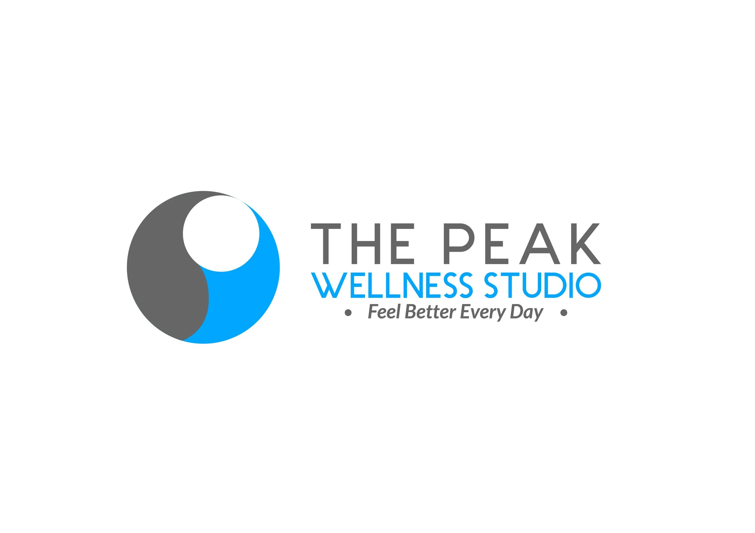 Logo for The Peak Wellness Studio with a circular graphic in black, blue, and white, and the text 'The Peak Wellness Studio' with a subtitle 'Feel Better Every Day'.