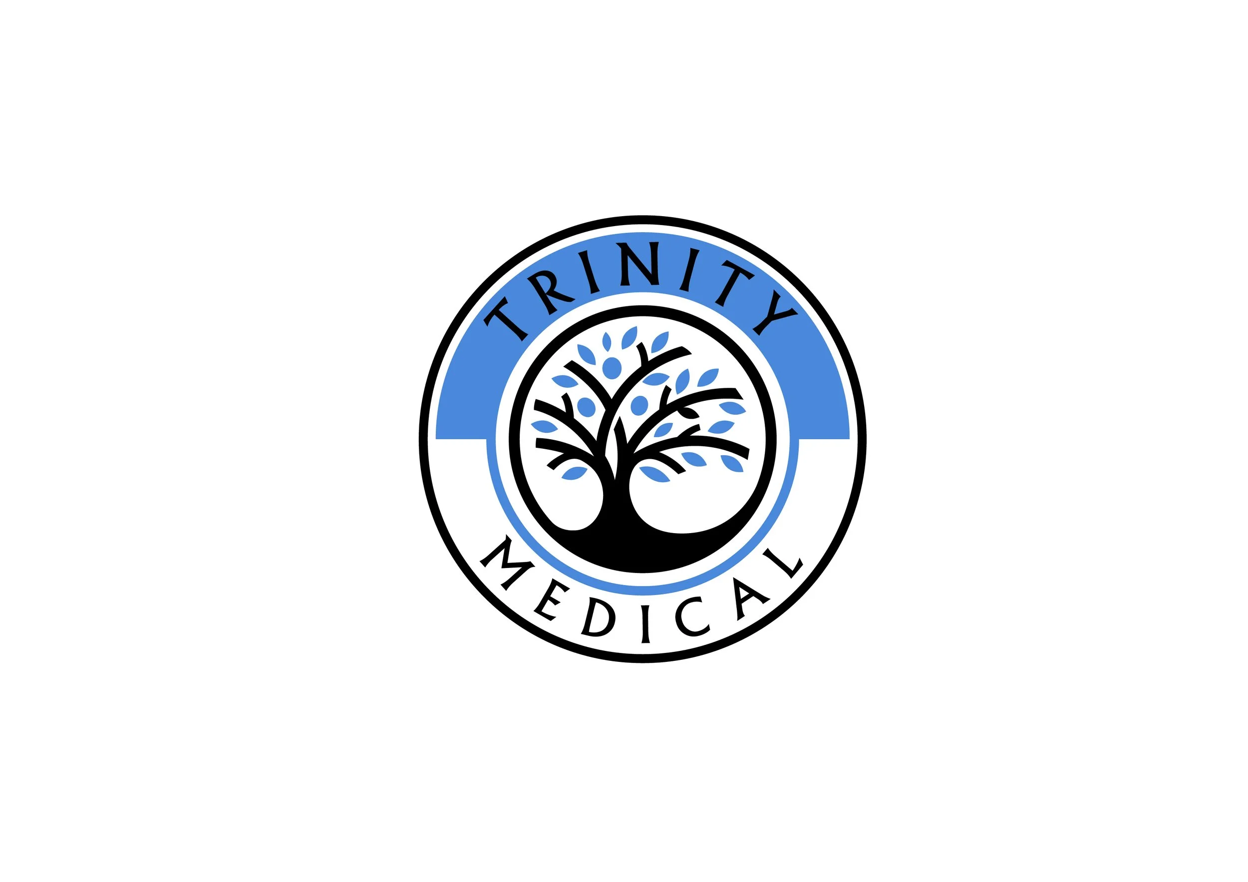 Logo of Trinity Medical featuring a black tree with blue leaves inside a circular border, with the words 'TRINITY' at the top and 'MEDICAL' at the bottom.