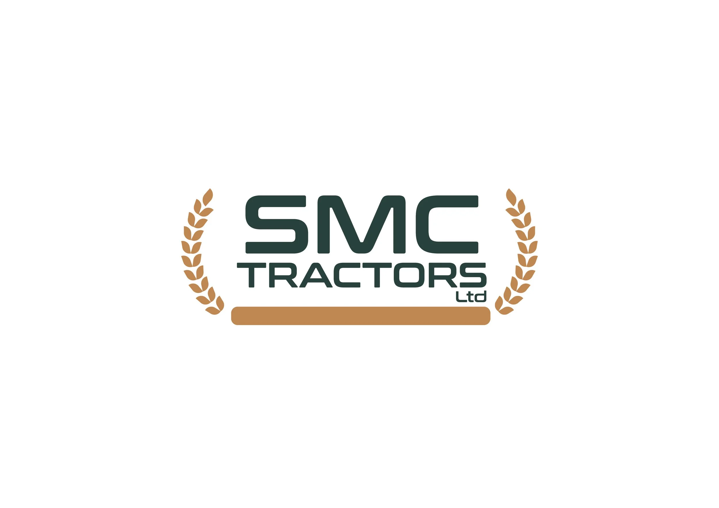 Logo for SMC Tractors Ltd with black text, brown laurels on either side, and a brown underline