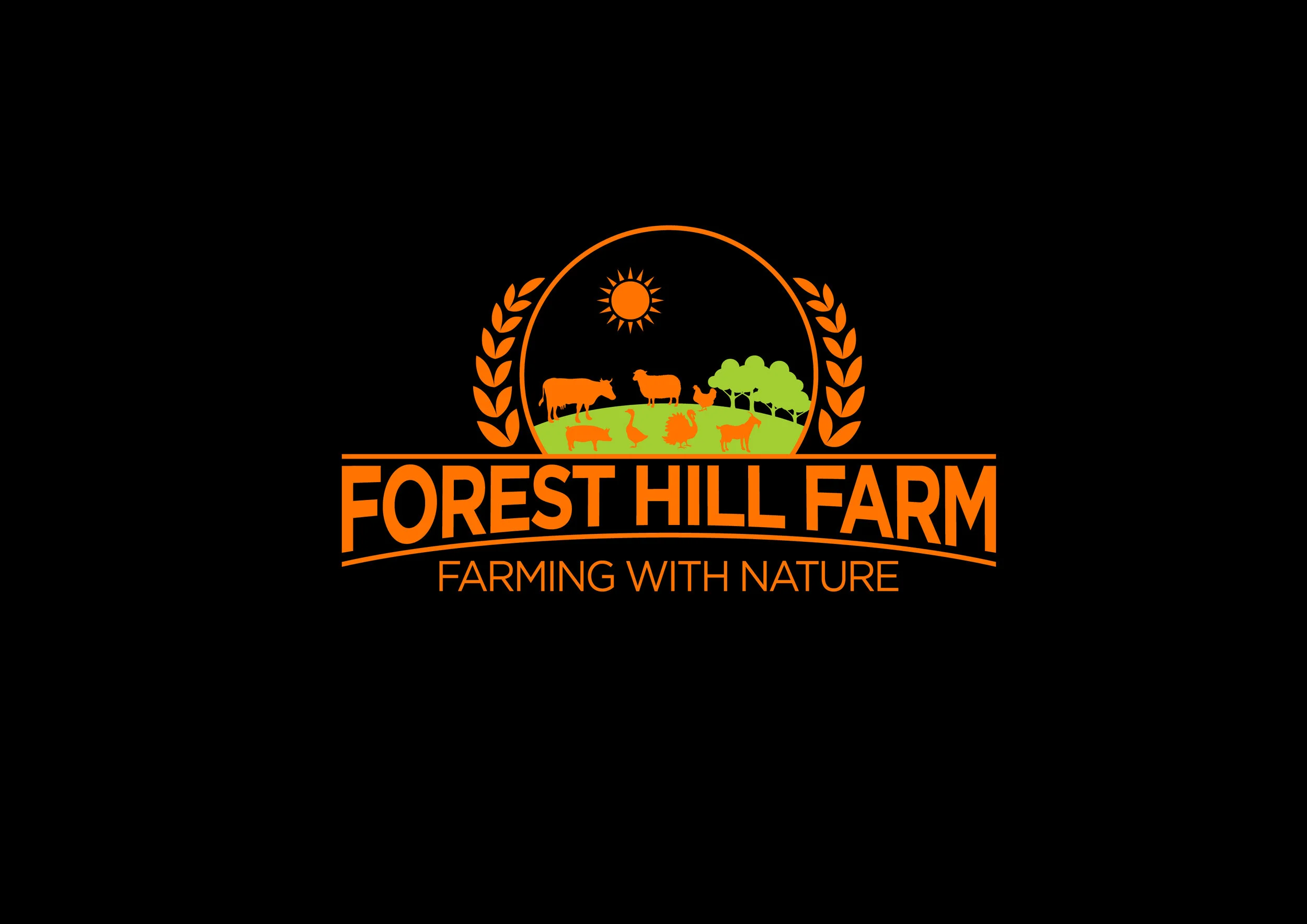 Logo of Forest Hill Farm featuring farm animals, trees, sun, and laurel wreaths with the text 'Forest Hill Farm' and 'Farming With Nature' on a black background.