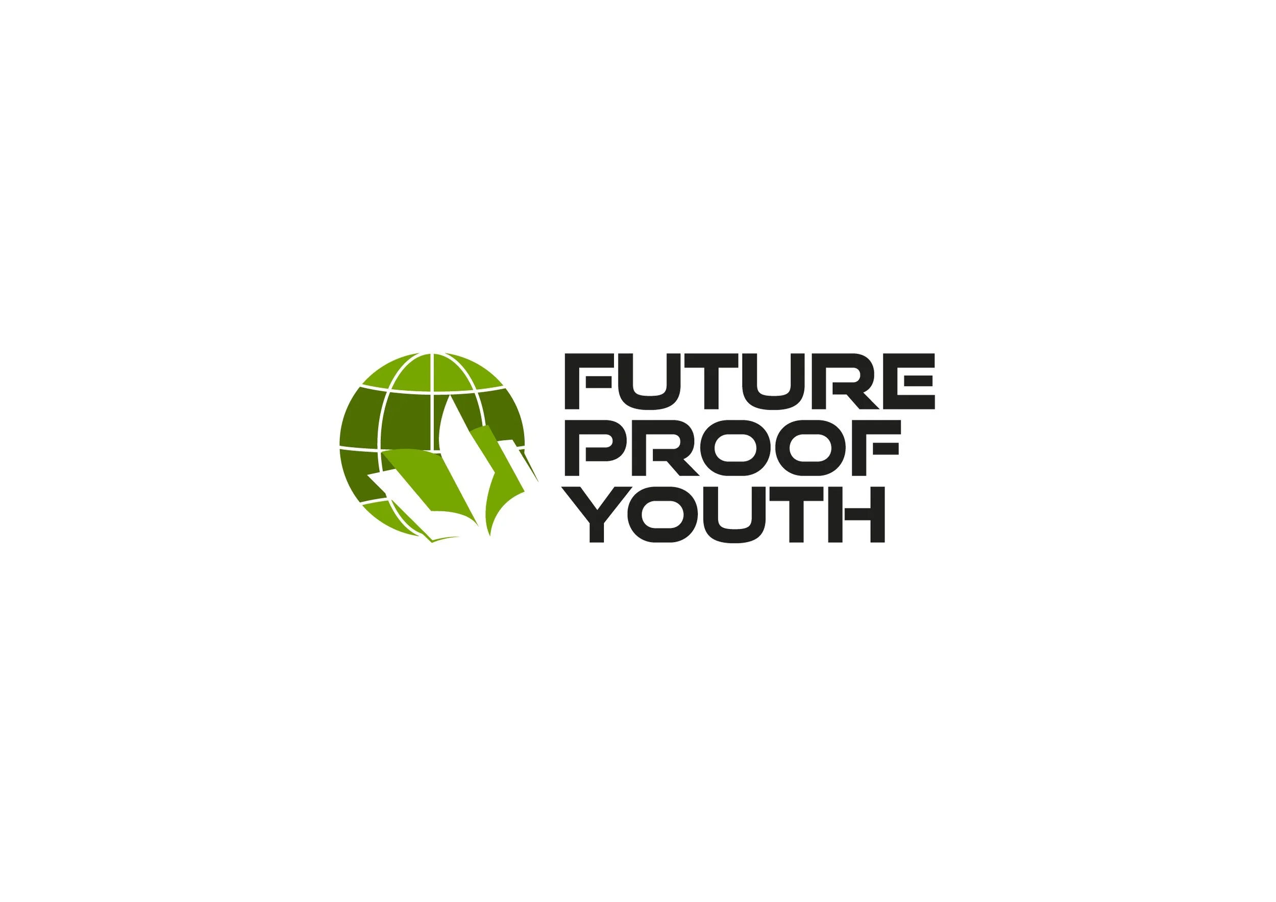 Logo with a green globe and a stylized green hand holding the globe, alongside the text 'Future Proof Youth' in black.