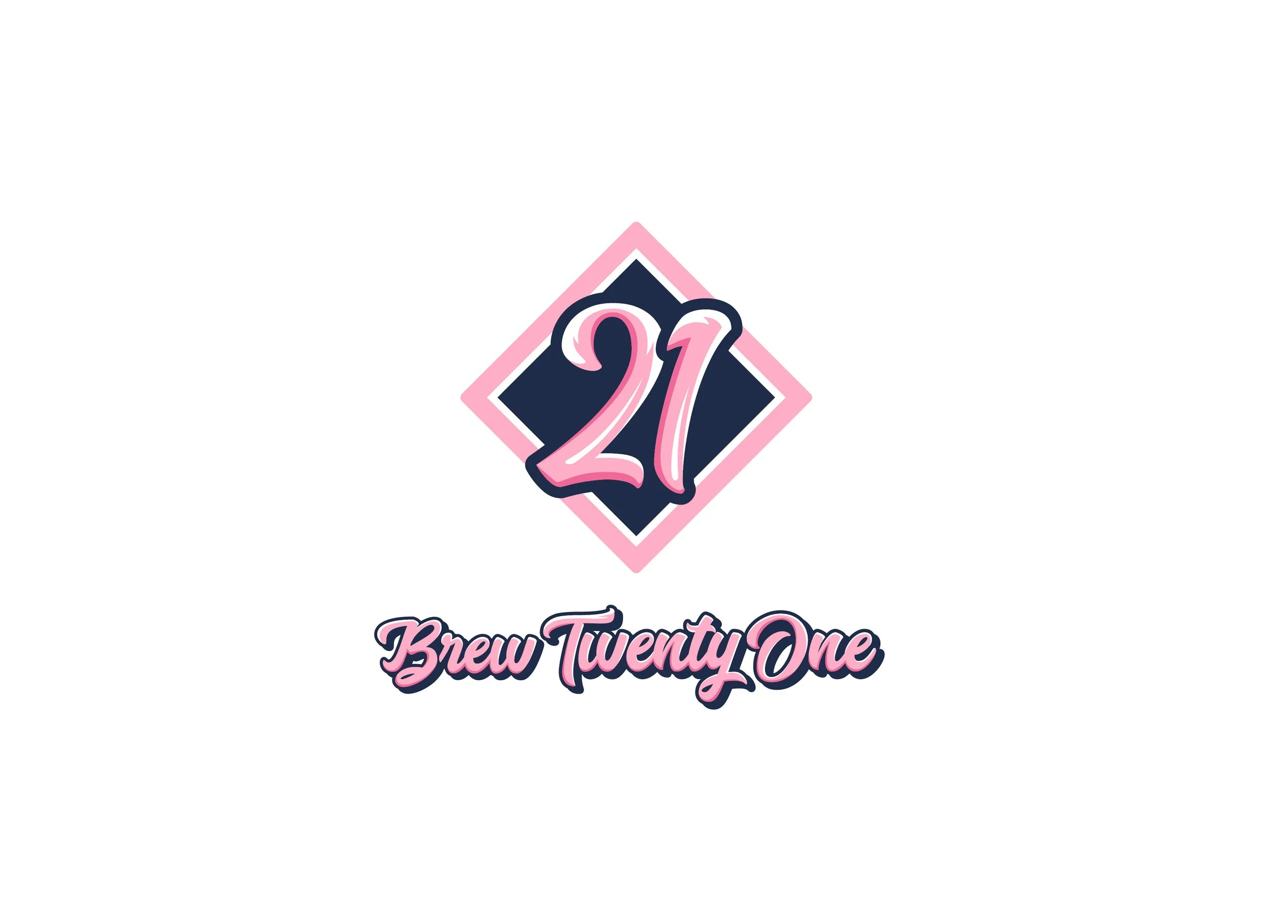 Logo with the number 21 in stylized pink and white font inside a navy blue diamond shape, with a pink outline, and the text "Brew Twenty One" in pink cursive font below.