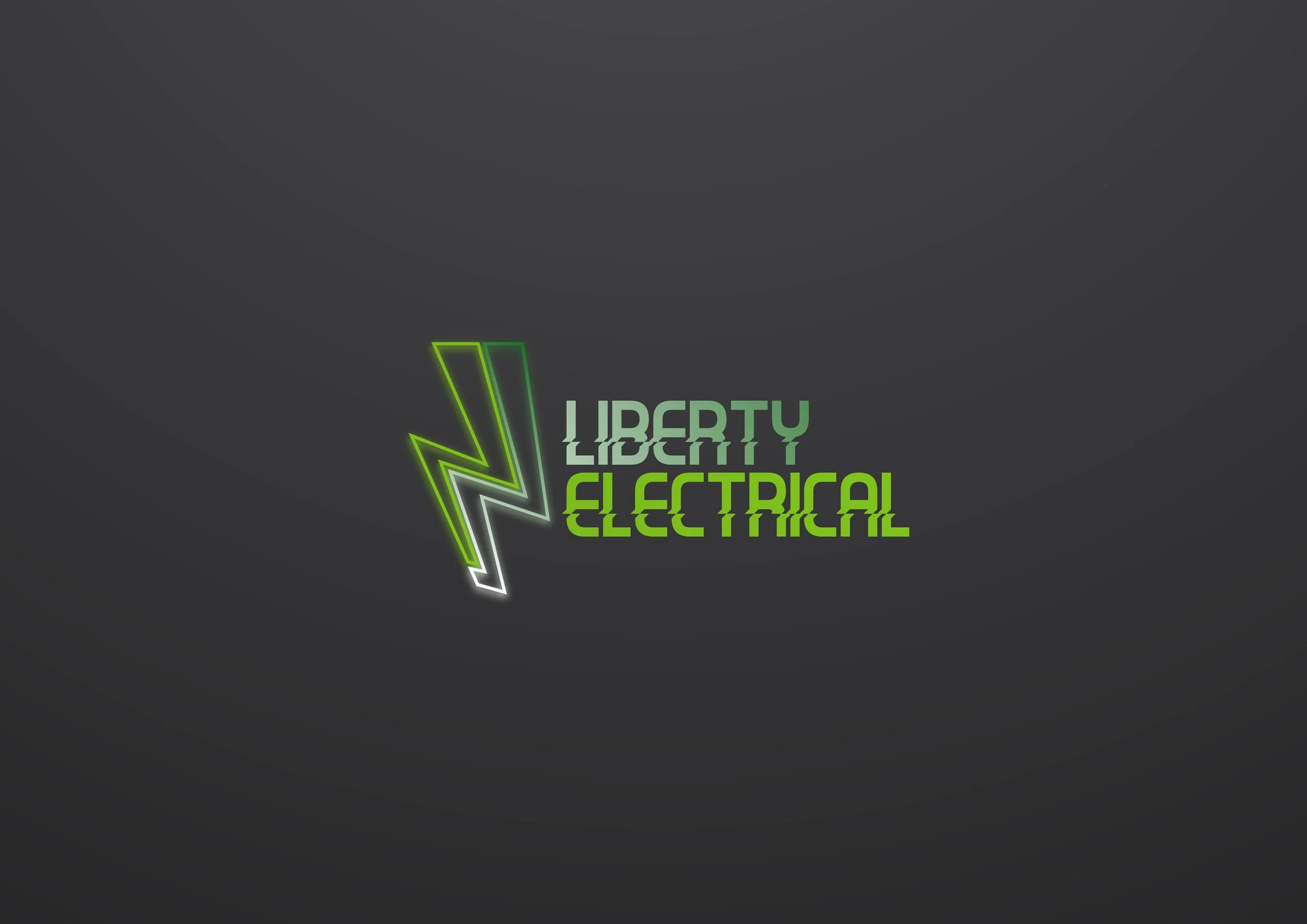 Neon green and white lightning bolt graphic with the words 'Liberty Electric' repeated in light green and gray text on a dark gray background.