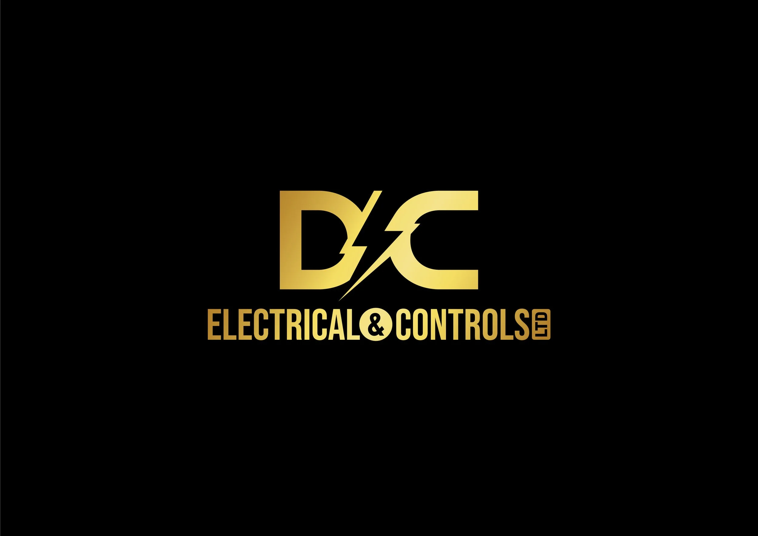 Black background with gold logo reading DC Electricial & Control Ltd, featuring a stylized D and C with a lightning bolt in between.