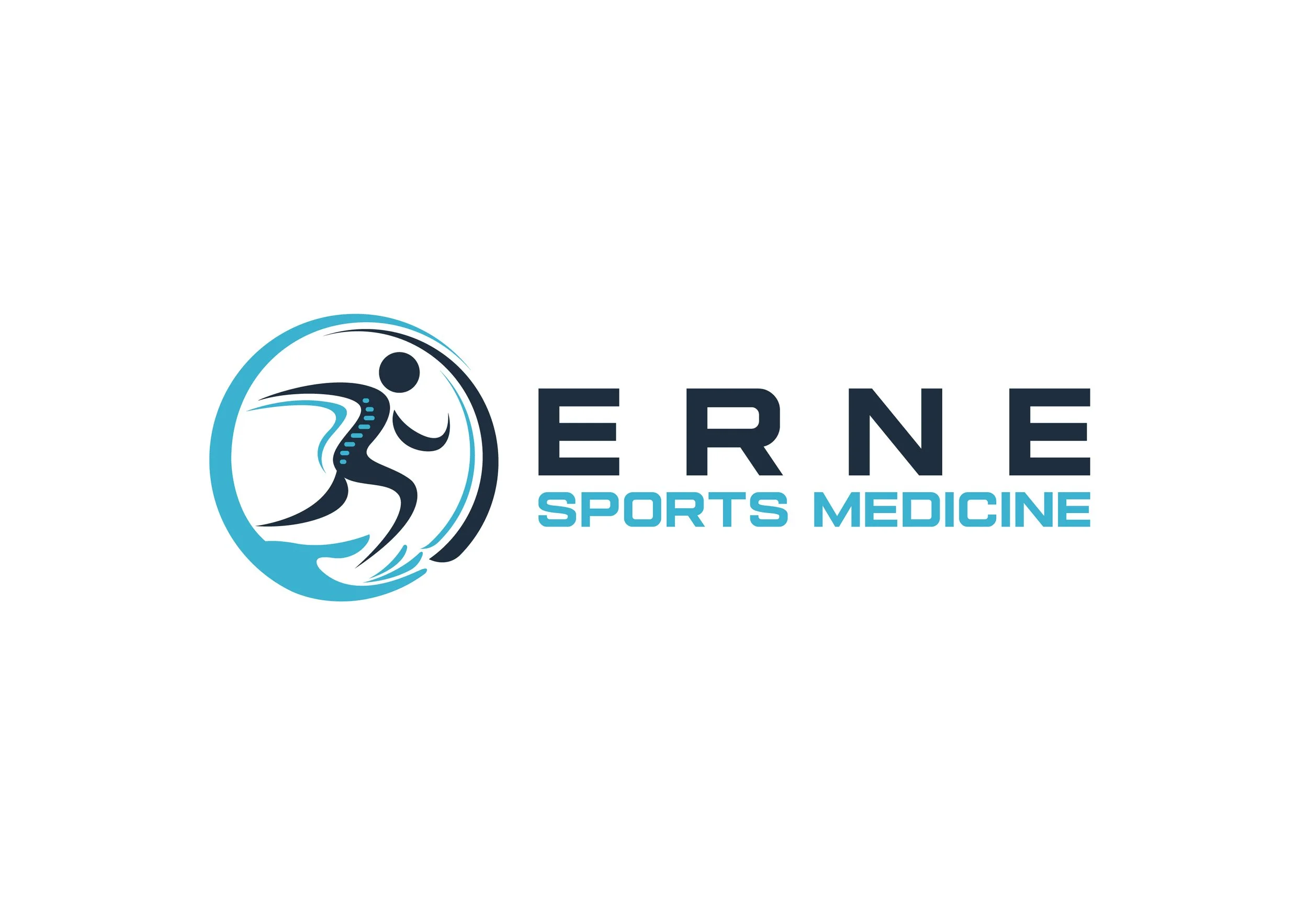 Logo for Erne Sports Medicine featuring a stylized running figure inside a circular design with blue and black colors.