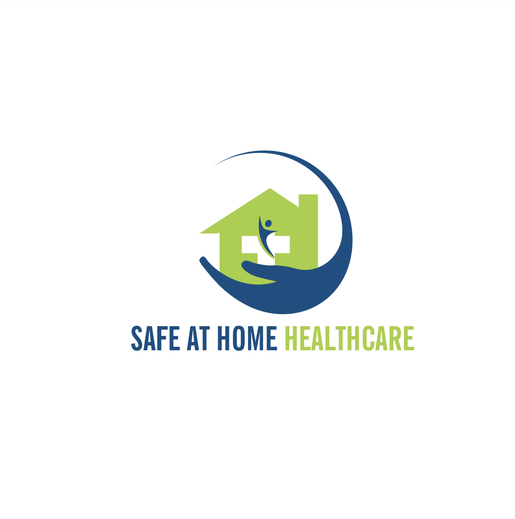 Logo with a house, a hand, and a person inside the house, with the text "SAFE AT HOME HEALTHCARE" underneath.