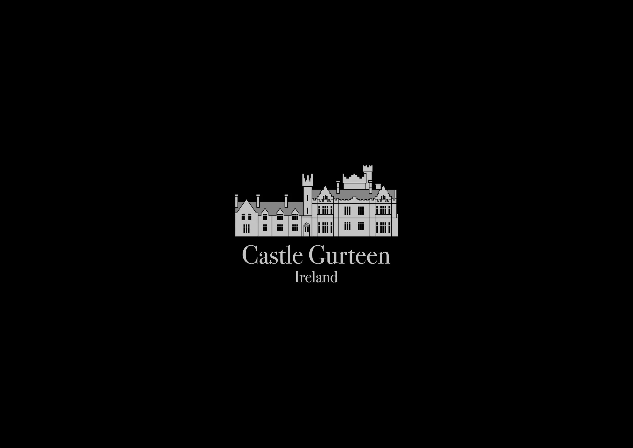 Black background with a gray illustration of Castle Gurteen in Ireland and the text 'Castle Gurteen, Ireland' below the castle.