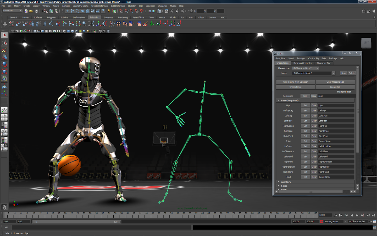Screenshot of a 3D animation software interface showing a robotic character with a basketball on its left foot and a simple stick figure skeleton rig next to it, used for character animation.