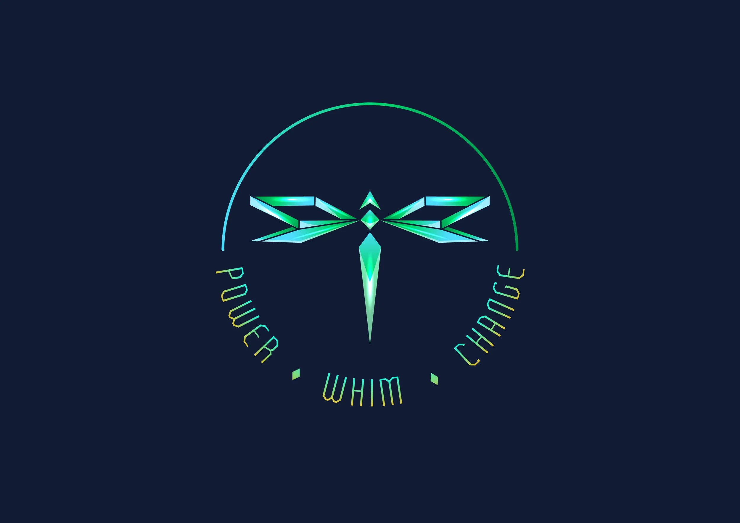 A stylized digital drawing of a dragonfly with metallic, angular wings. A circular design surrounds the dragonfly with the words 'Power, Whim, Change' written along the circle. The background is dark.