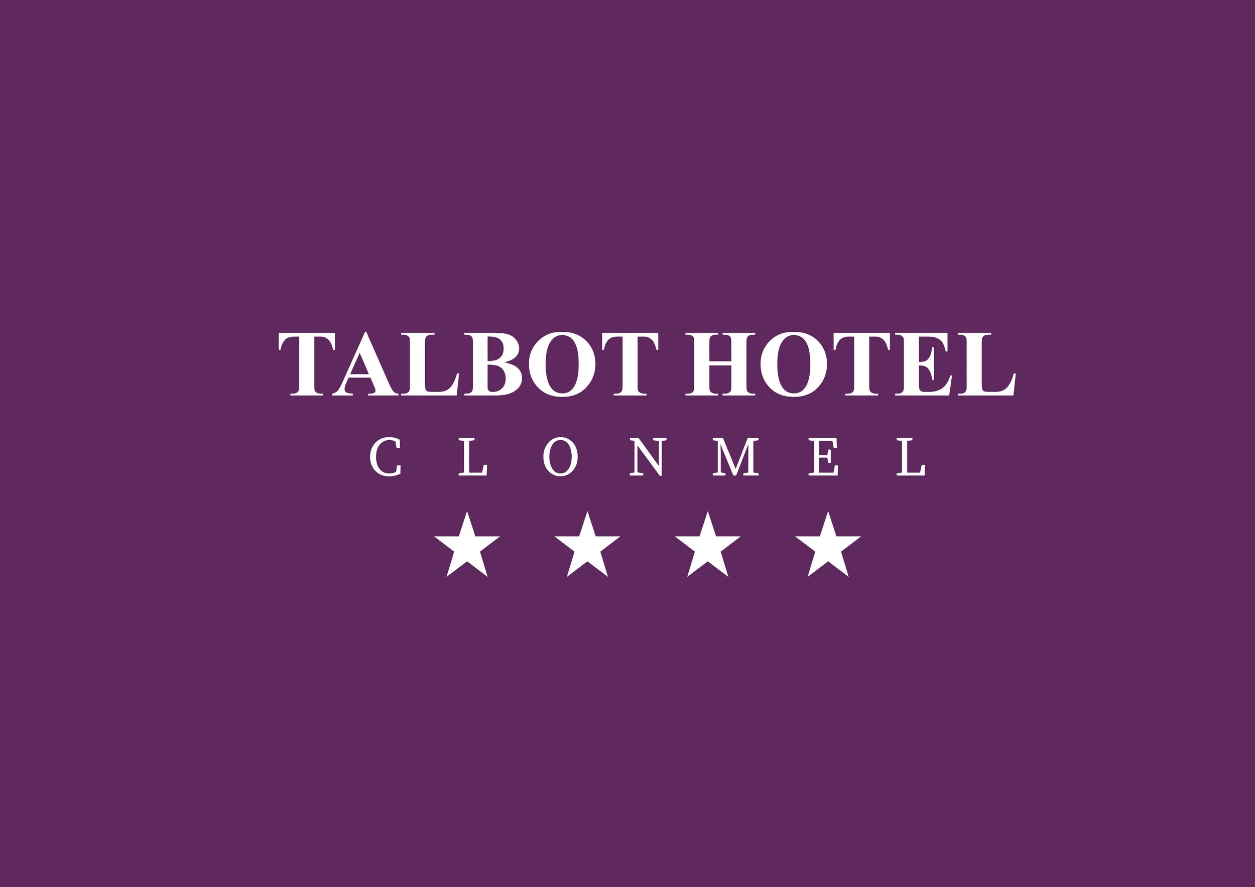 Purple background with white text reading "Talbot Hotel Clonmel" and four white stars below.