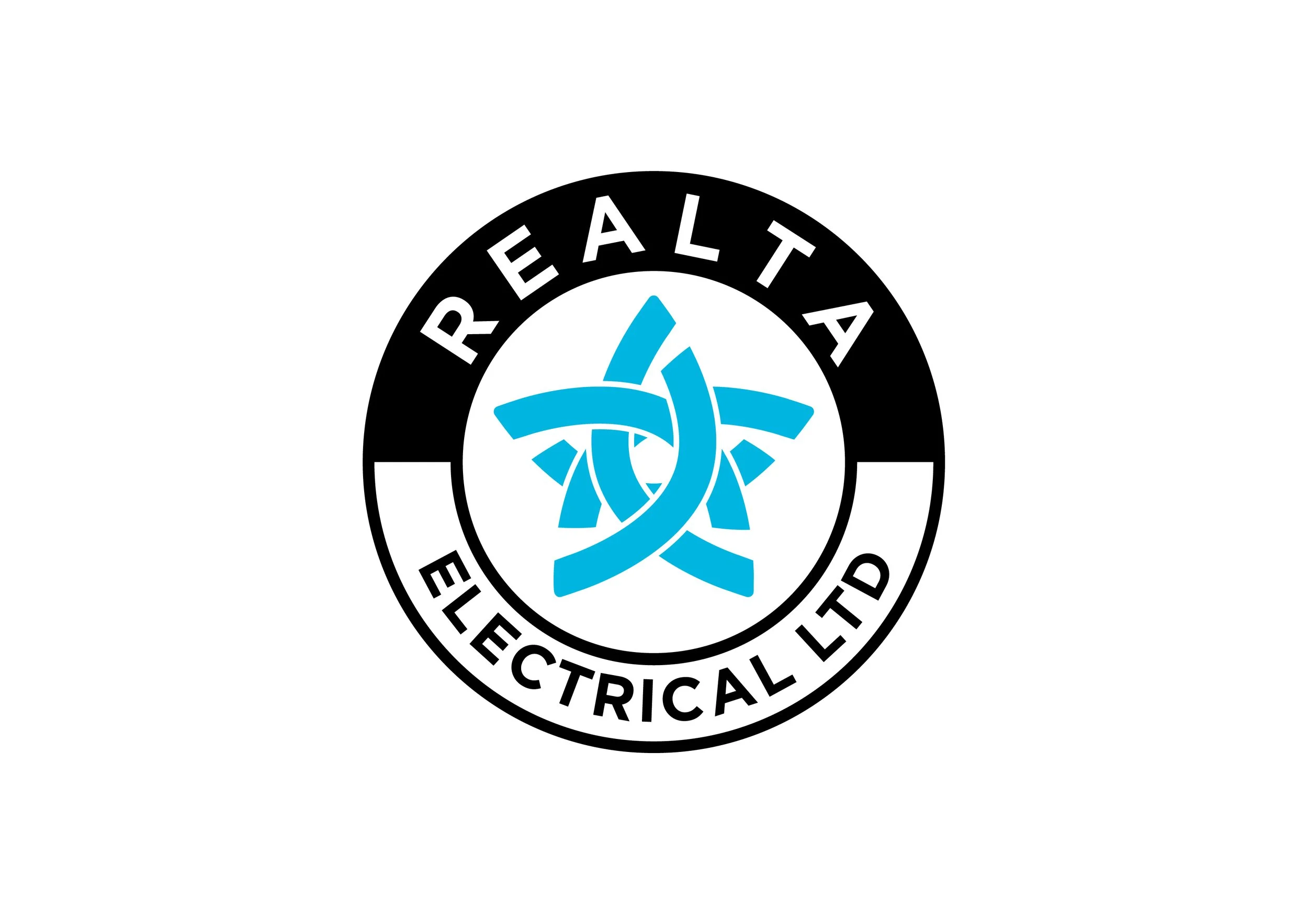Logo of Realta Electrical Ltd with a black and white circular border, black text, and a blue abstract symbol in the center.