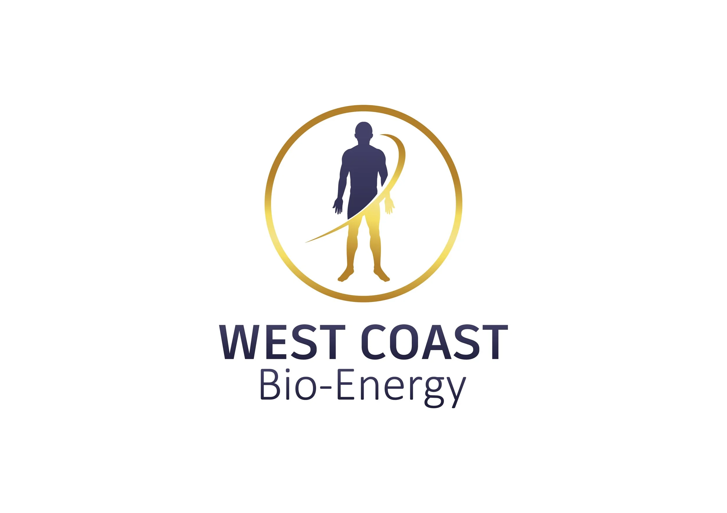 Logo for West Coast Bio-Energy featuring a stylized human figure inside a gold and navy circle with the company name below.
