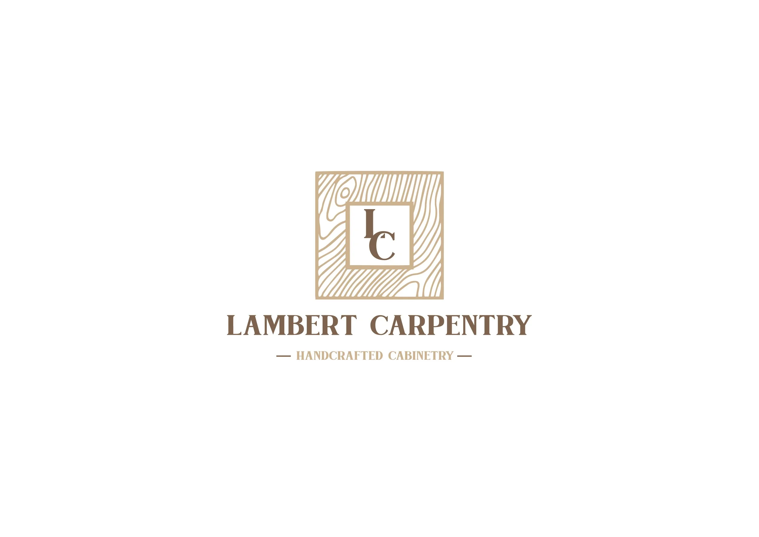 Logo for Lambert Carpentry featuring a wood grain pattern and the initials 'L' and 'C', with the text 'Lambert Carpentry Handcrafted Cabinetry' below.