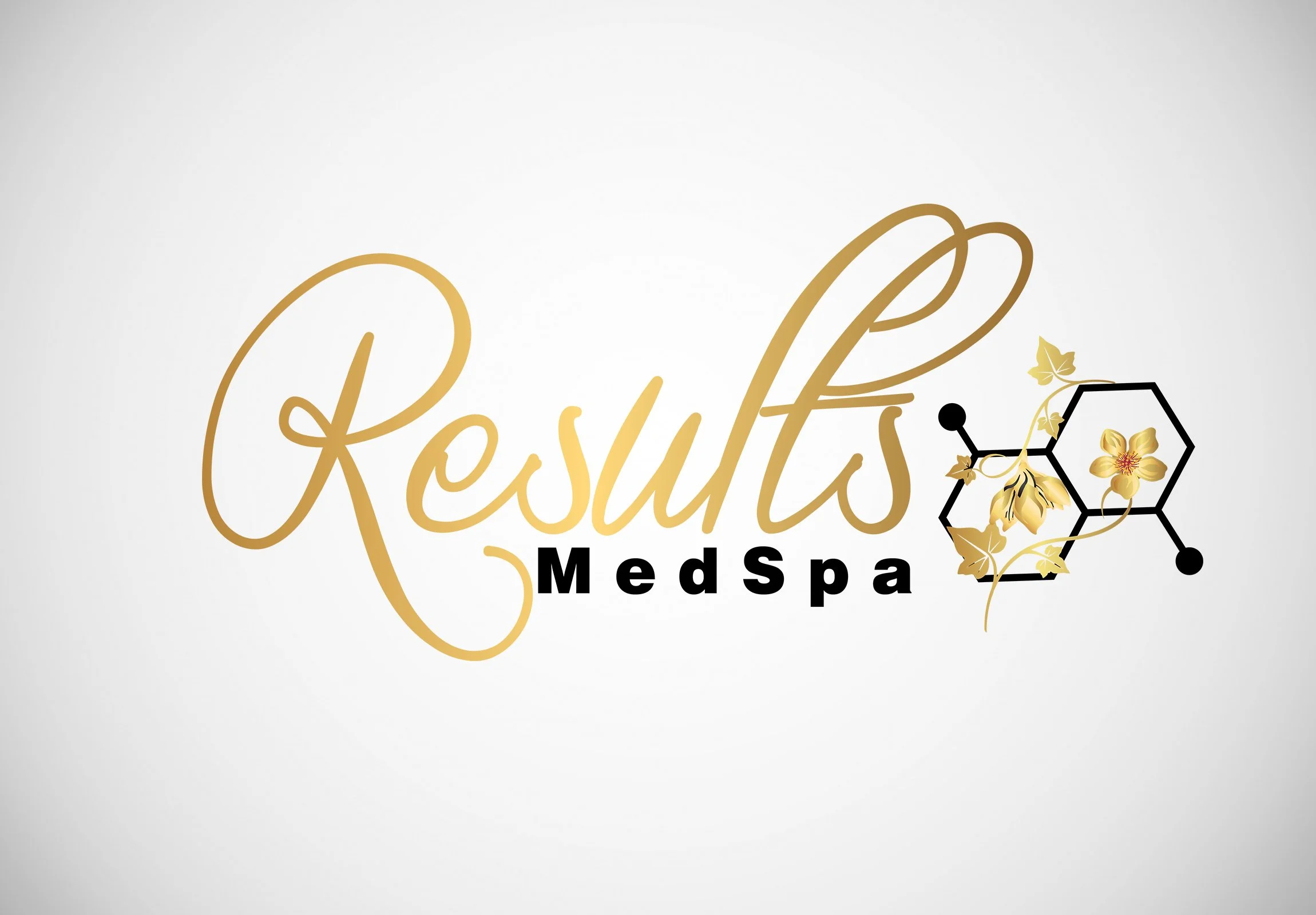 Logo for Results MedSpa with the word 'Results' in gold cursive font, 'MedSpa' in black text below, and a graphic of a honeycomb and honeybee with gold floral elements.