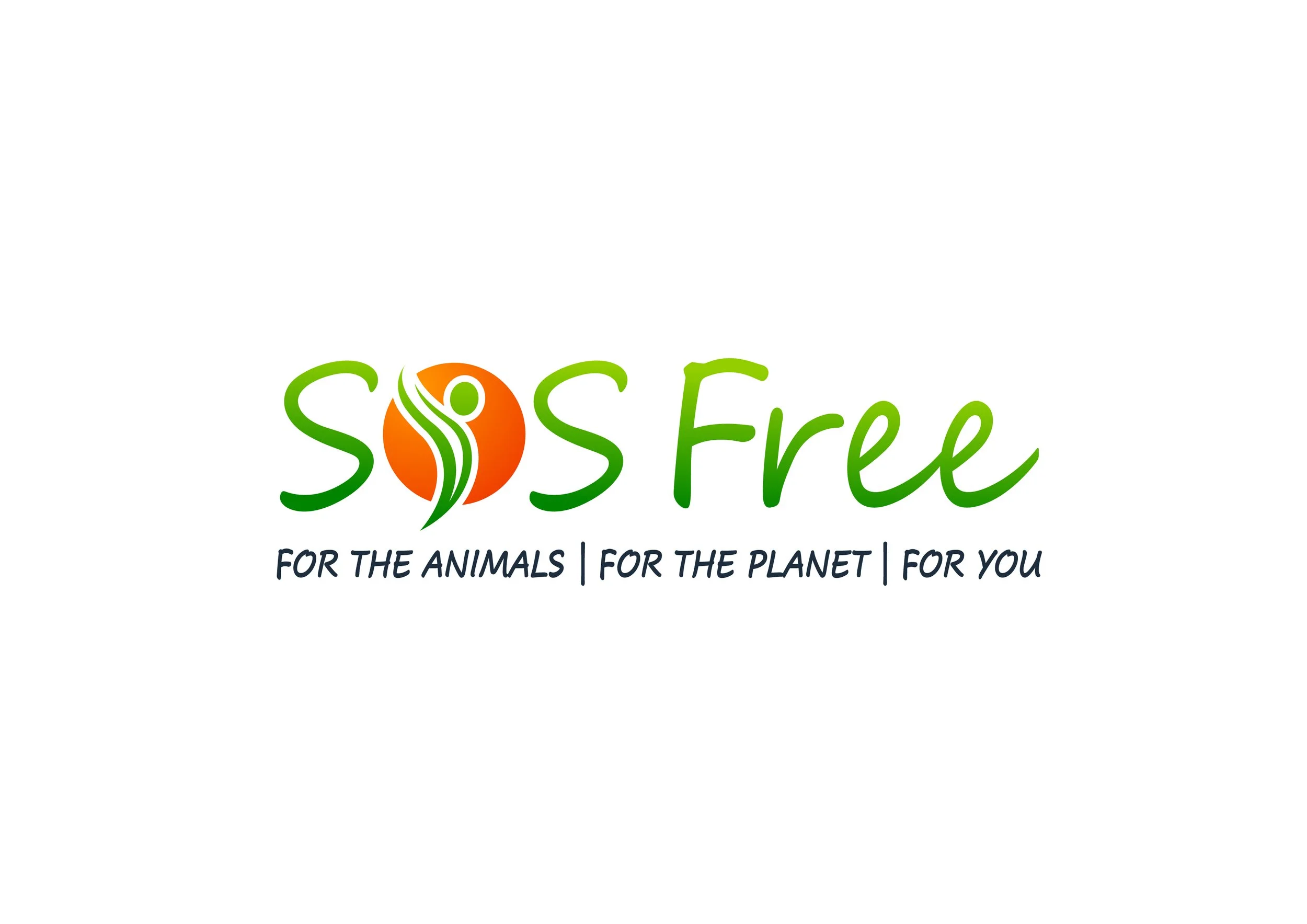 SOS Free logo with a stylized figure and text promoting animal, planet, and personal well-being.