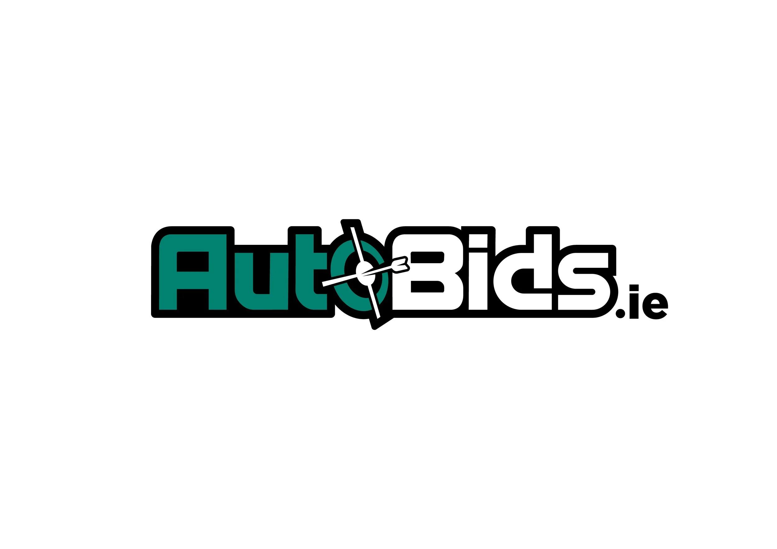 Logo with the word "Auto" in teal with black outline, a stylized clock integrated into the "O" with clock hands pointing to 3 and 9, the word "Bids" in white with black outline, and "ie" in black