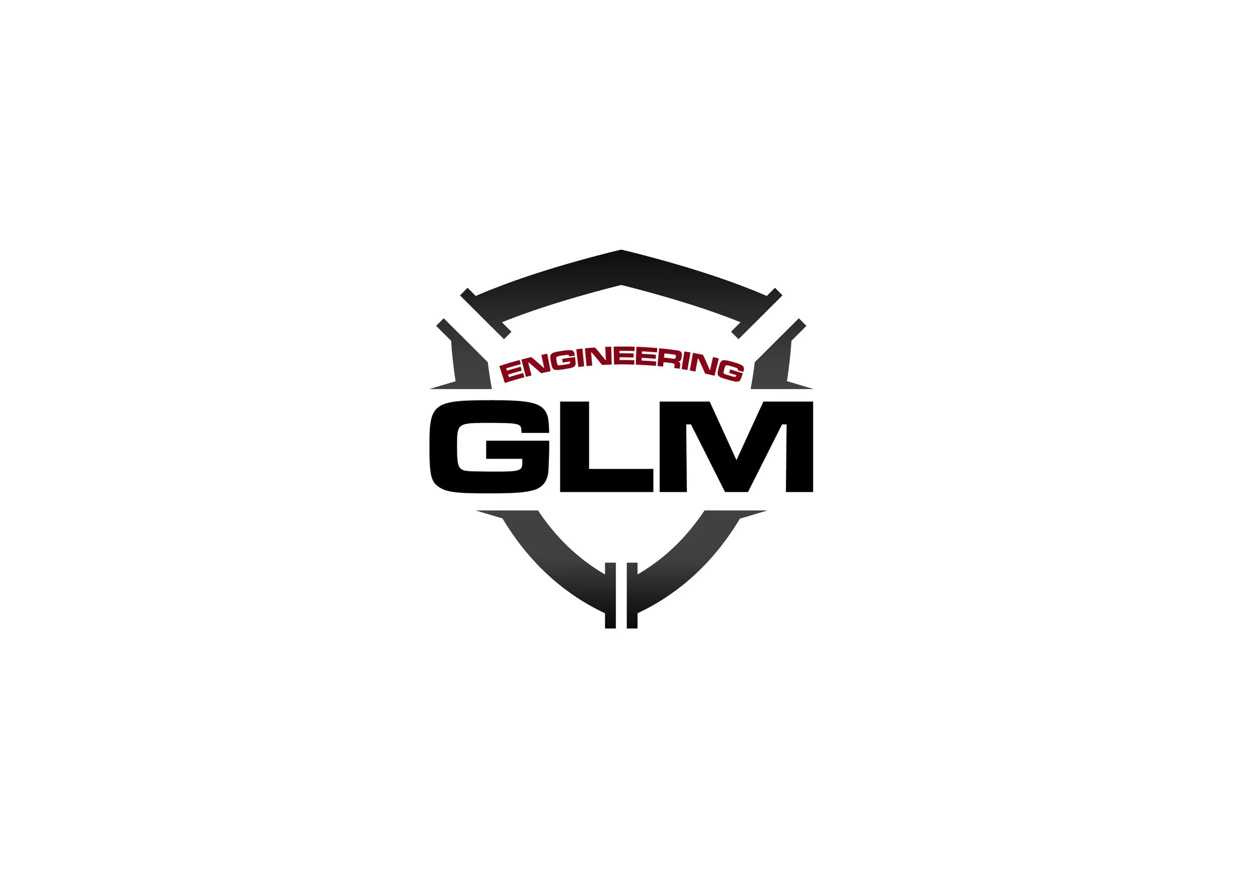 Logo with the words 'Engineering GLM' in bold black font inside a geometric shield shape, with 'Engineering' in red at the top.