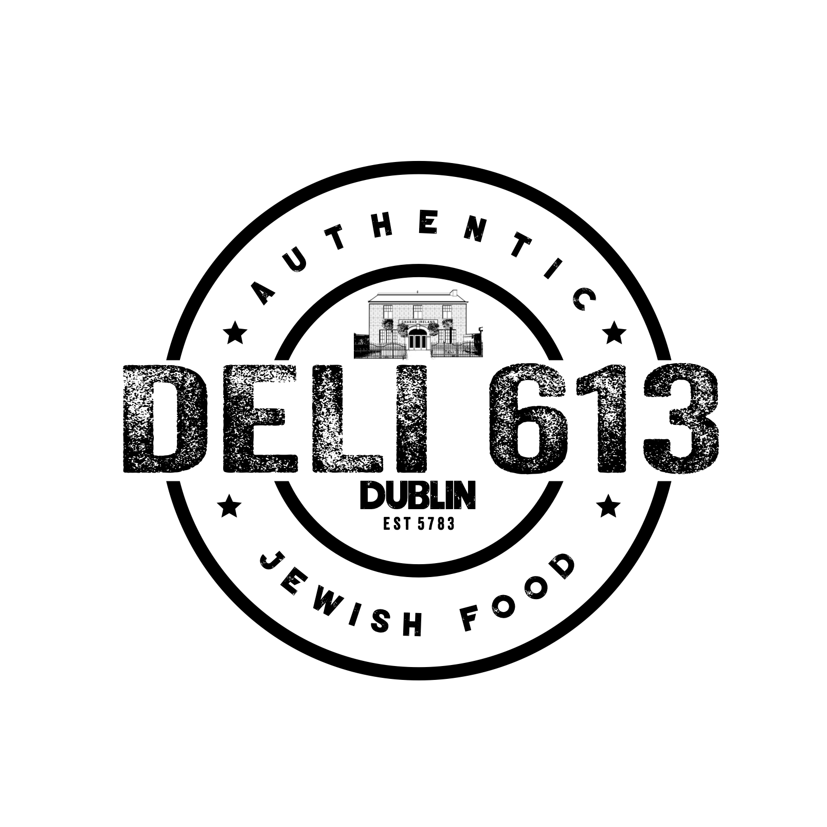 A black and white logo for Deli 613, a Jewish food establishment in Dublin established in 5783, featuring a circular design with 'Authentic' and 'Jewish Food' printed on it, an illustration of a building in the center, and the text 'Dublin' and 'EST