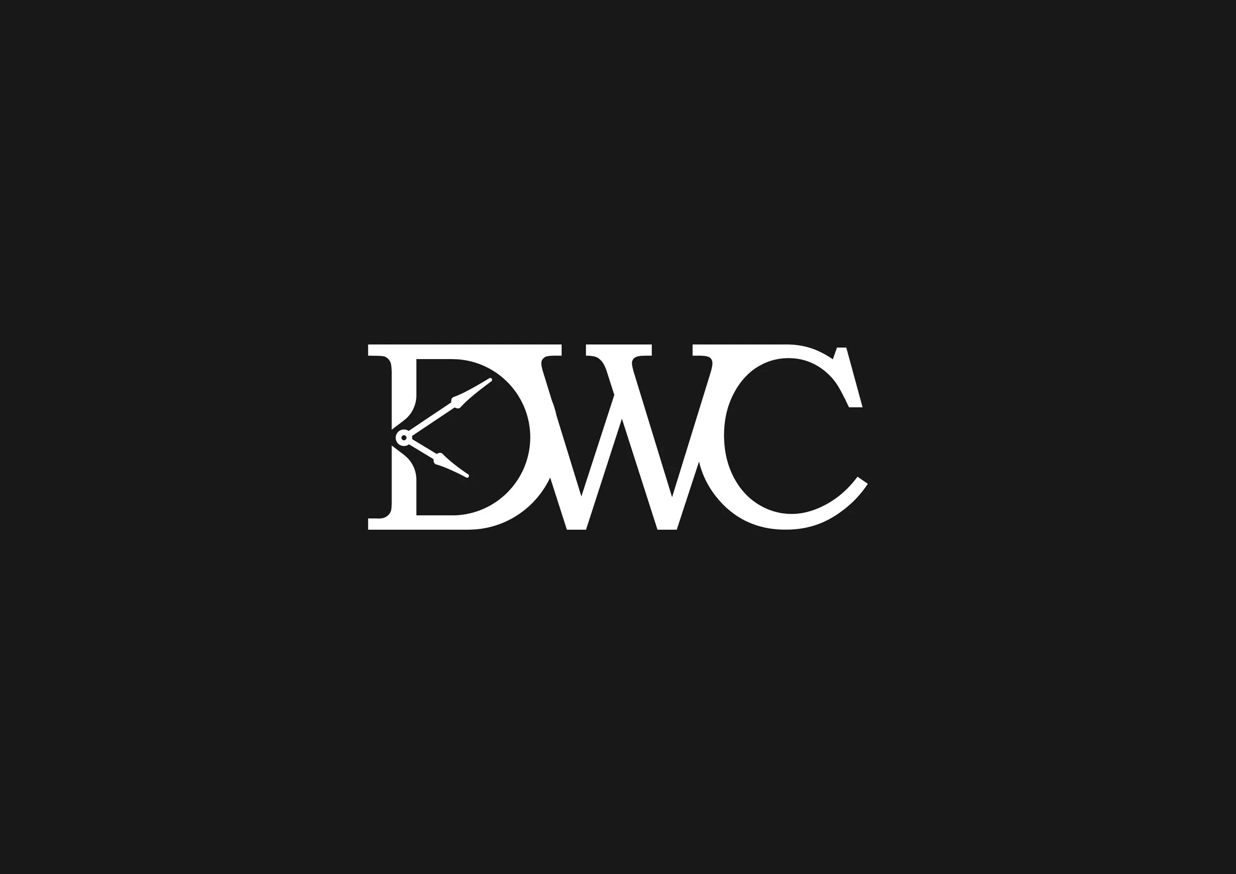 Black background with white stylized text reading 'DWC' and a small clock graphic integrated into the 'D'.