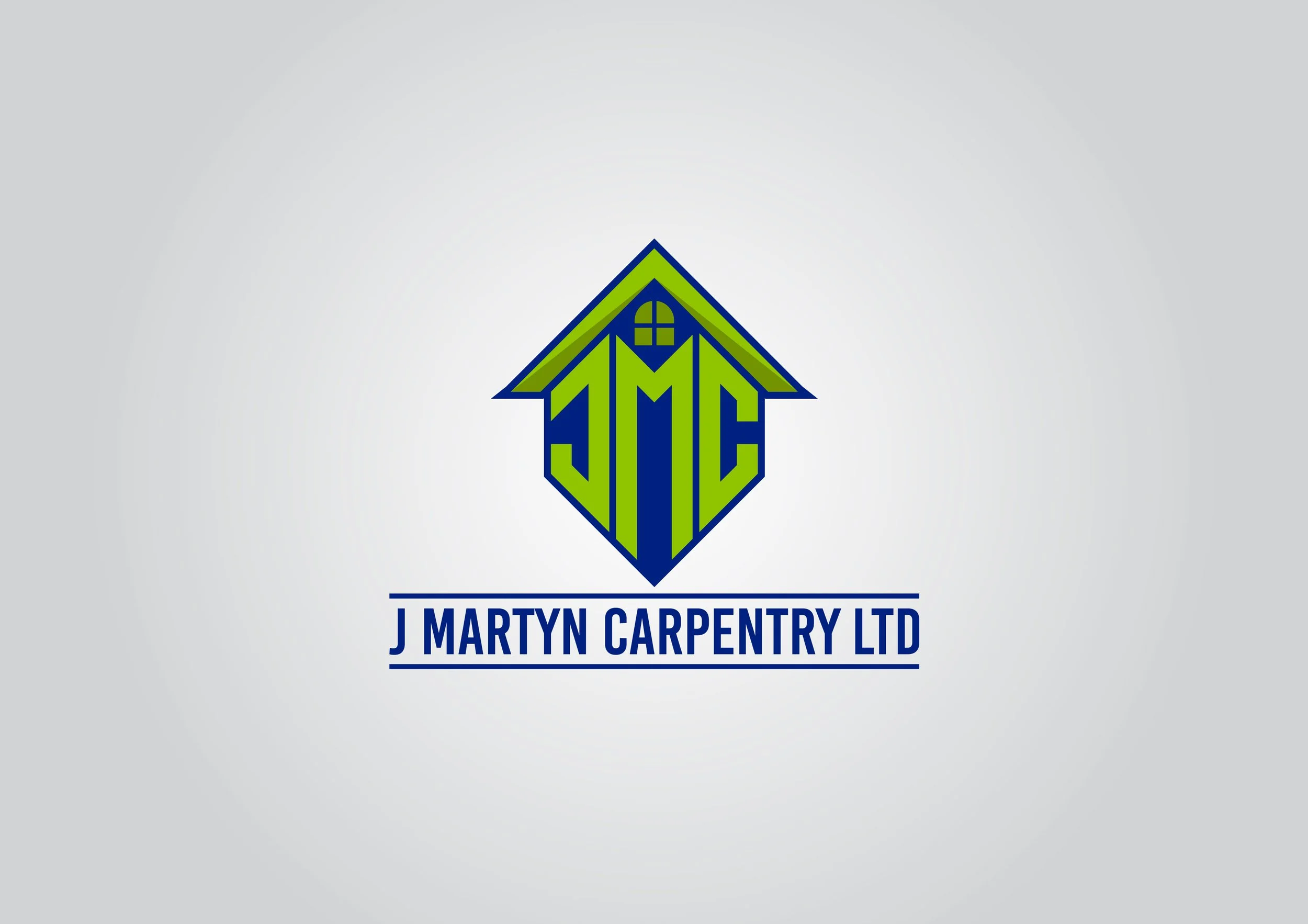 Logo for J Martyn Carpentry Ltd featuring a stylized house with the initials JMC incorporated into the roof design, in green and blue colors, with the company name written underneath.