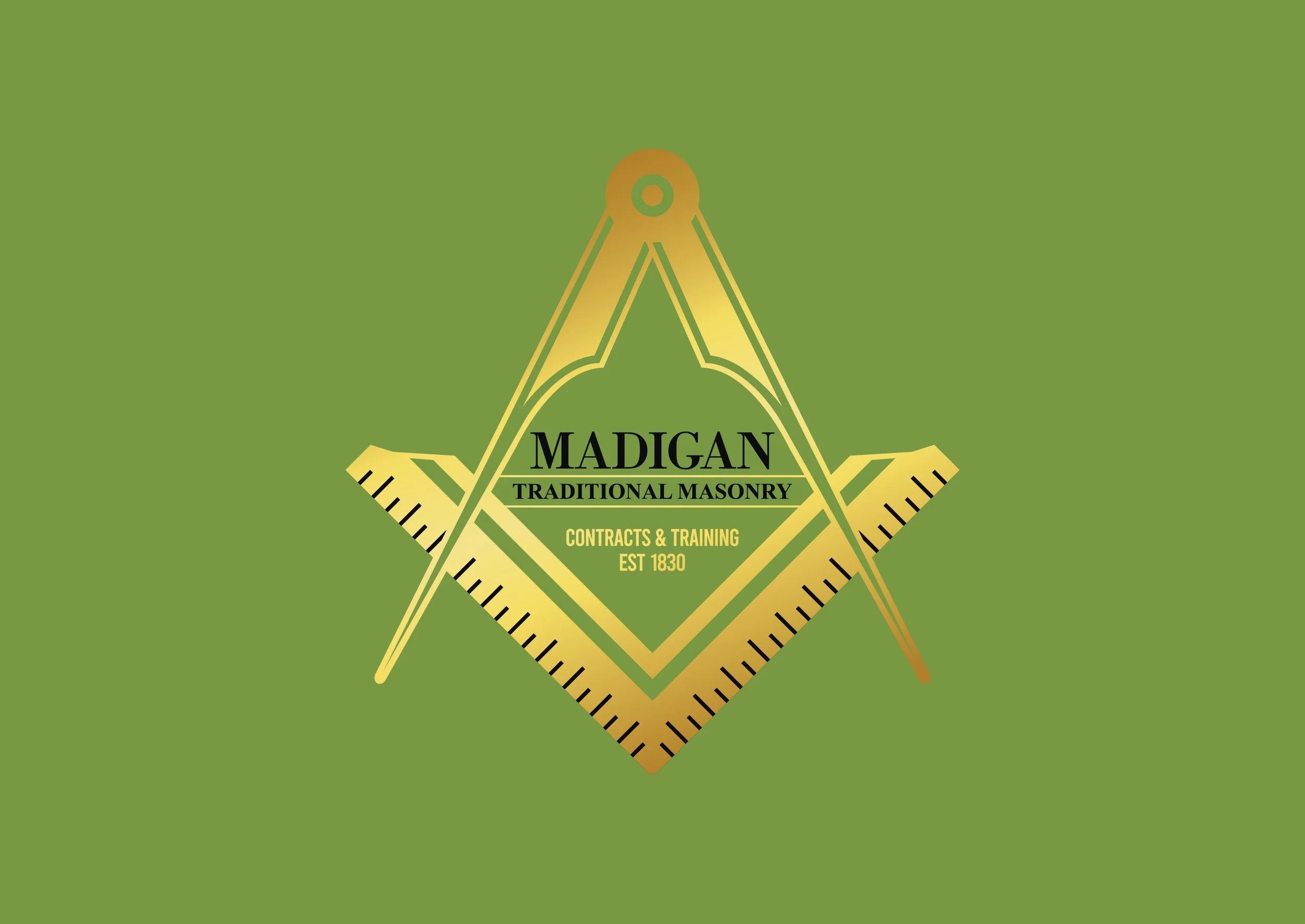 Logo with a yellow carpenter's square and compass set against a green background, featuring text for Madigan Traditional Masonry, Contracts & Training, Est 1830.