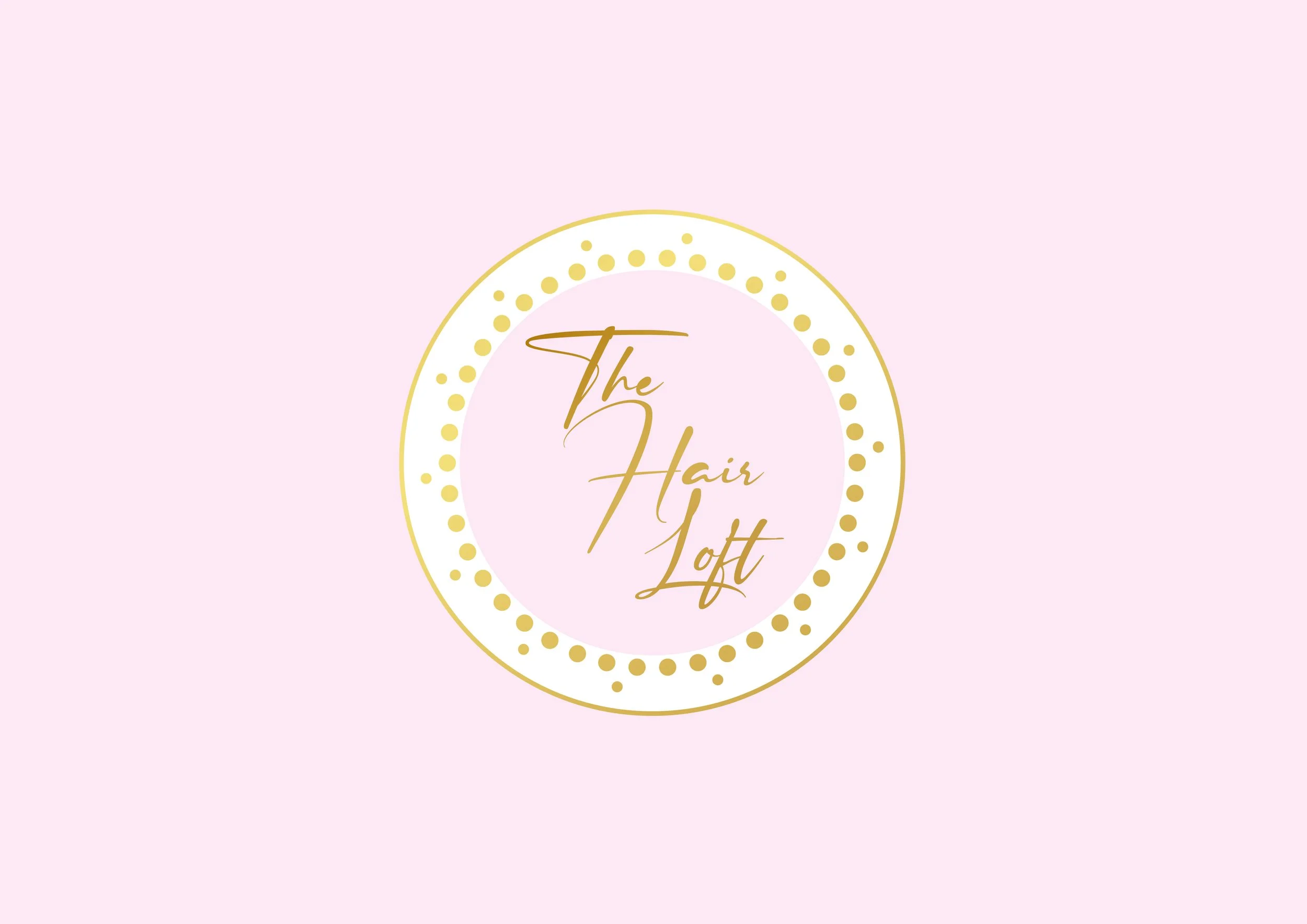 Logo for The Hair Loft with a pink background, featuring an oval design with gold and white dotted borders, and elegant gold text inside reading 'The Hair Loft'.