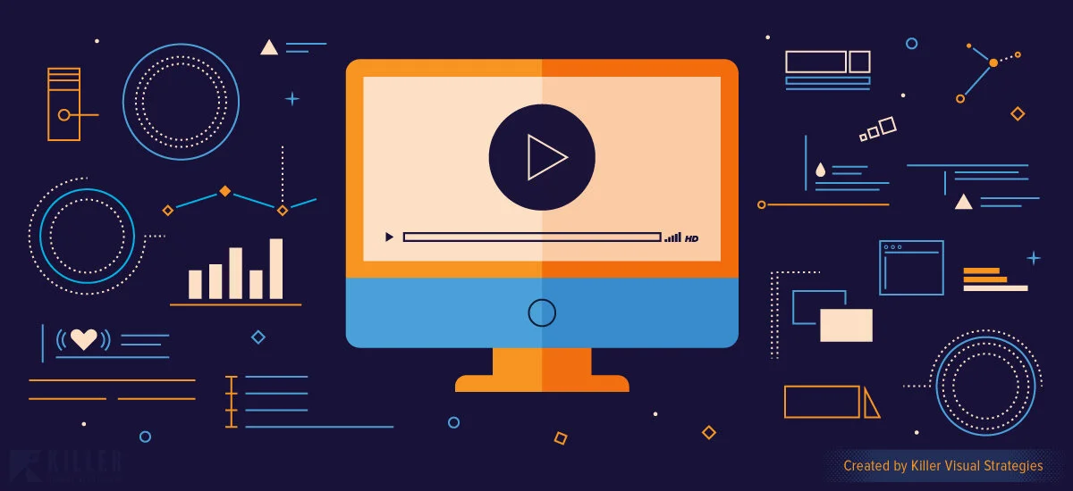 Stylized digital illustration of a computer monitor displaying a media player interface, surrounded by abstract icons and graphics representing data and technology, on a dark background.