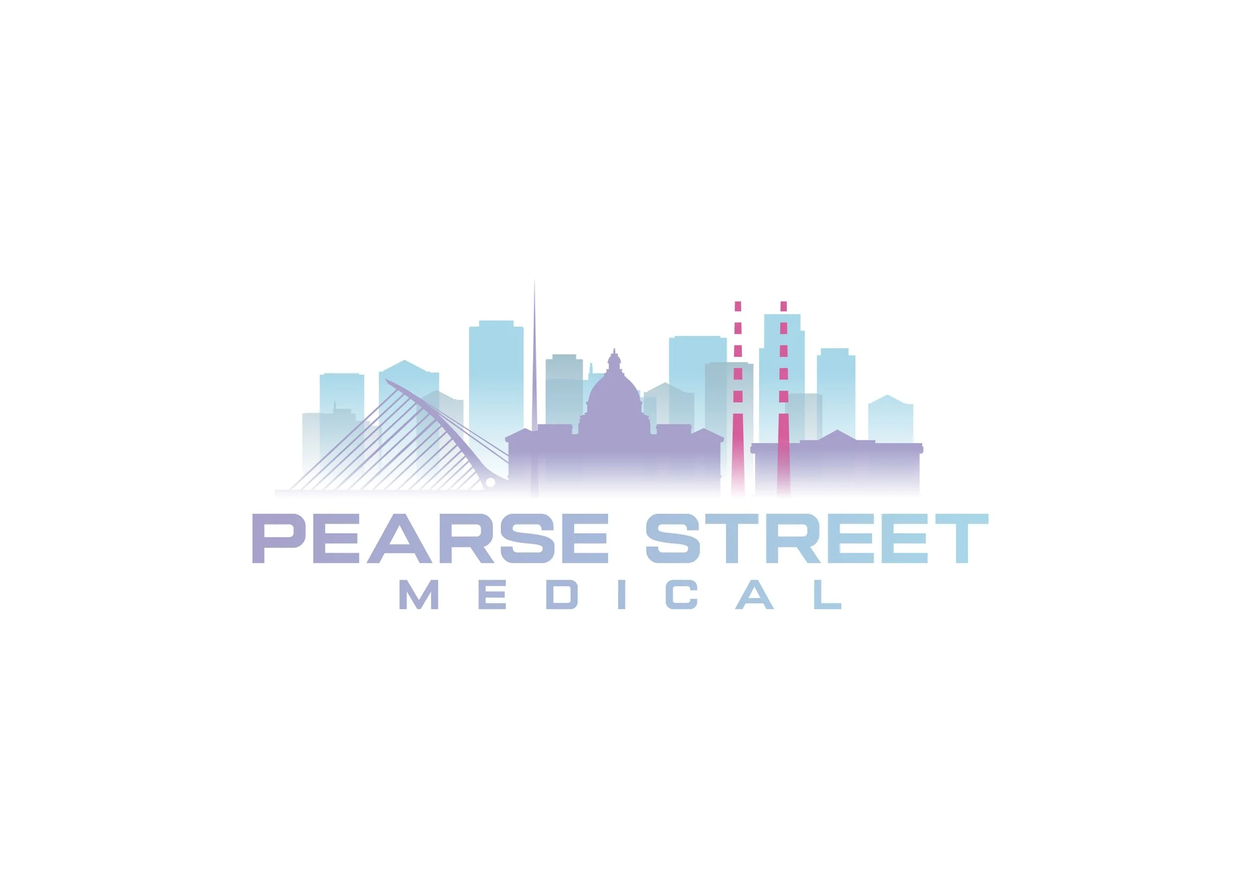 Logo for Pearse Street Medical featuring a city skyline with various buildings, a bridge, and smokestacks in pastel shades of blue, purple, and pink.