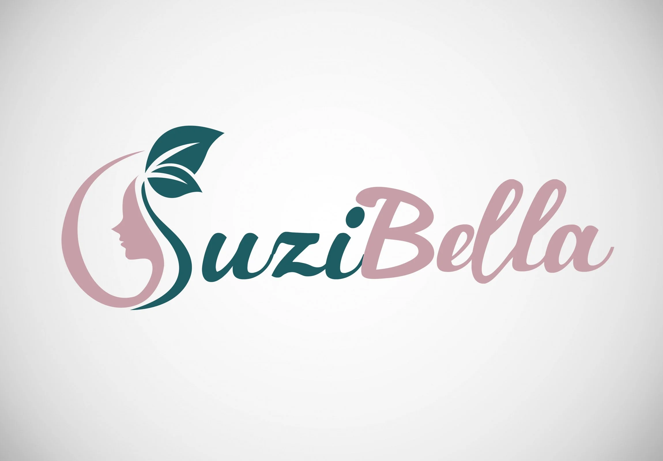 Logo with a woman's face silhouette, pink and teal leaves, and the text 'SuziBella' in script font.