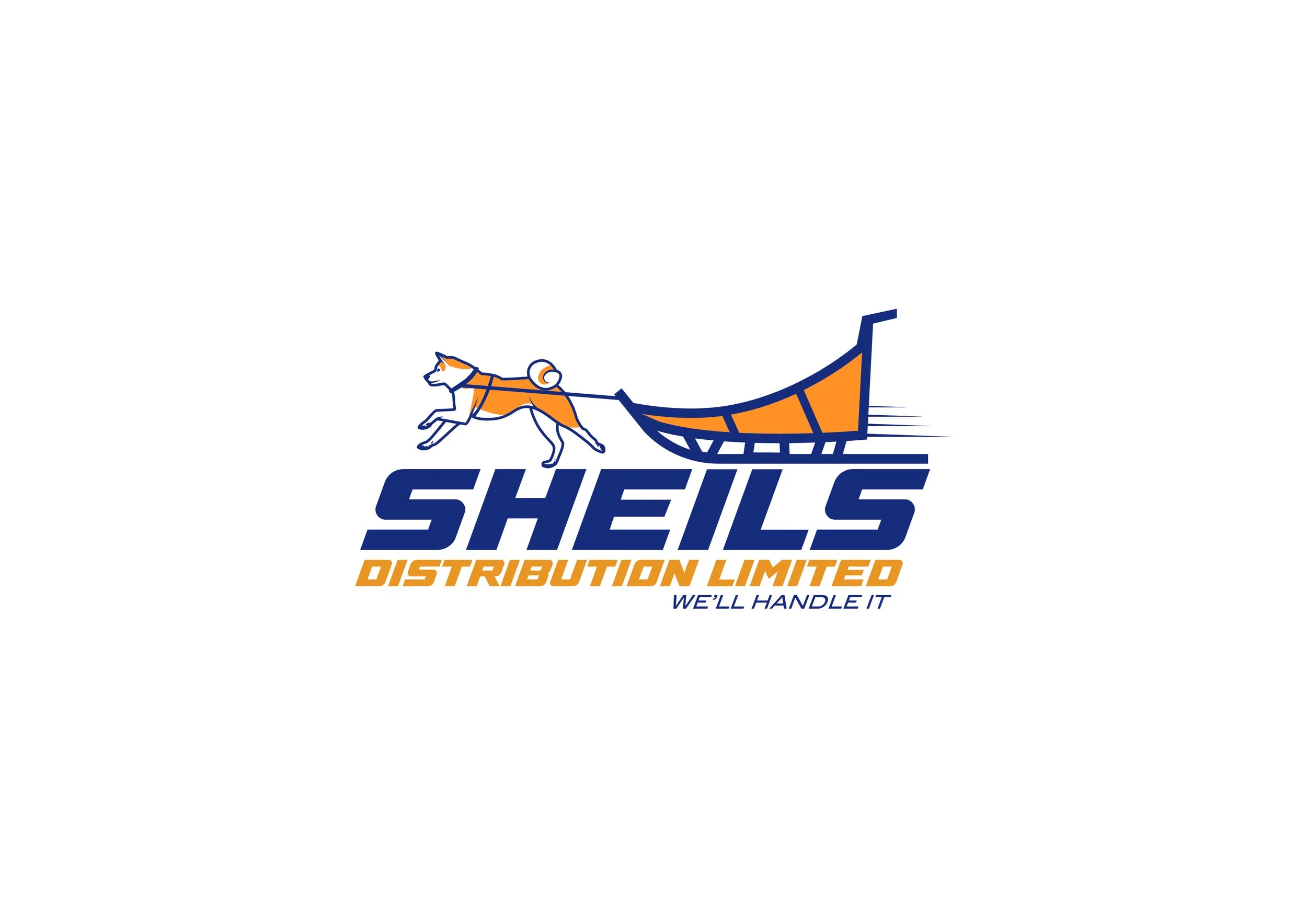Logos of Sheils Distribution Limited featuring a running husky pulling a sled with text 'SHEILS', 'DISTRIBUTION LIMITED' in orange, and slogan 'WE'LL HANDLE IT'.