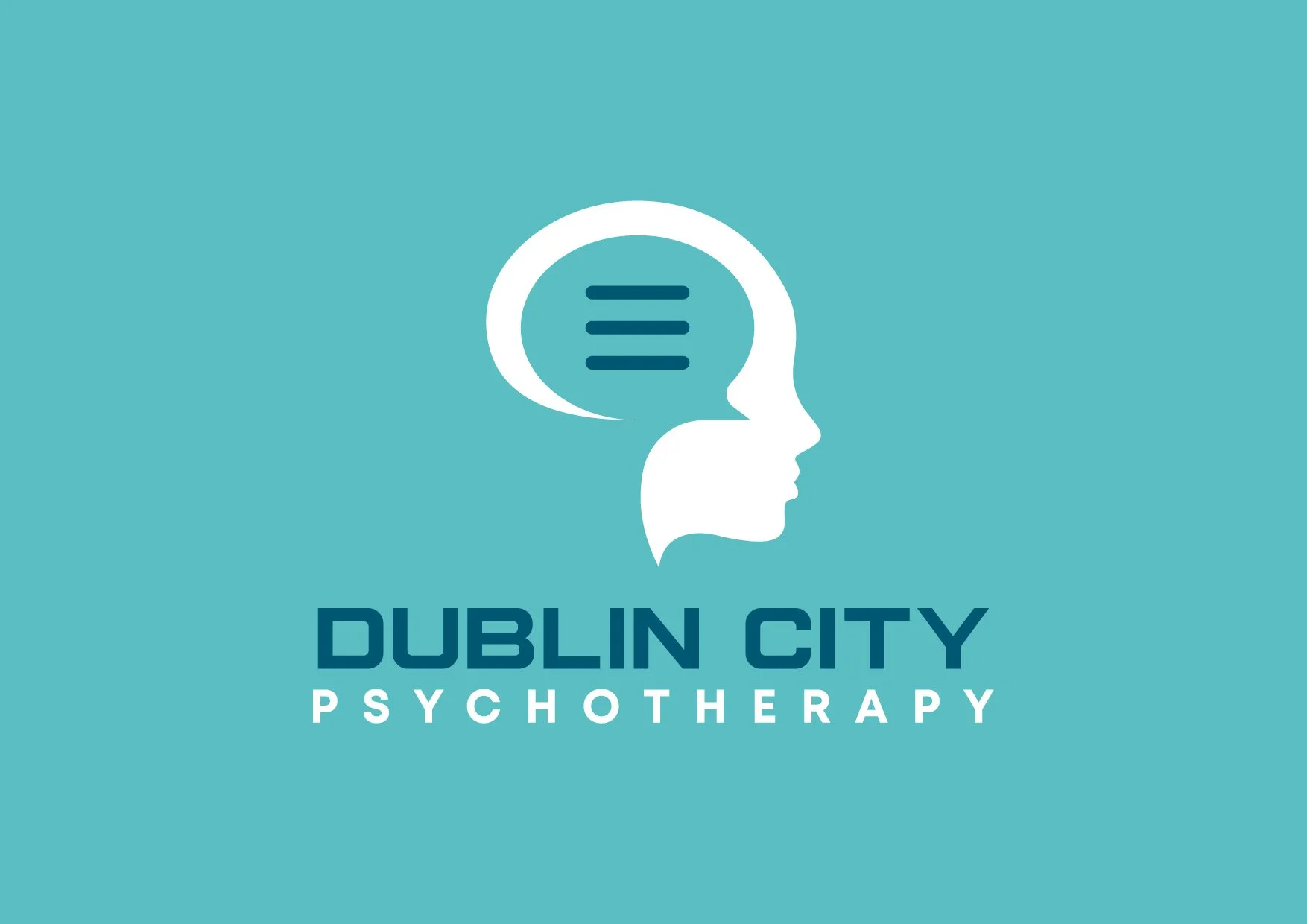 The Dublin City Psychotherapy logo, a white profile of a human head in which the upper skull is drawn as a speech bubble containing three teal bars, above the words DUBLIN CITY in dark teal and PSYCHOTHERAPY in white, all on a pale teal background.