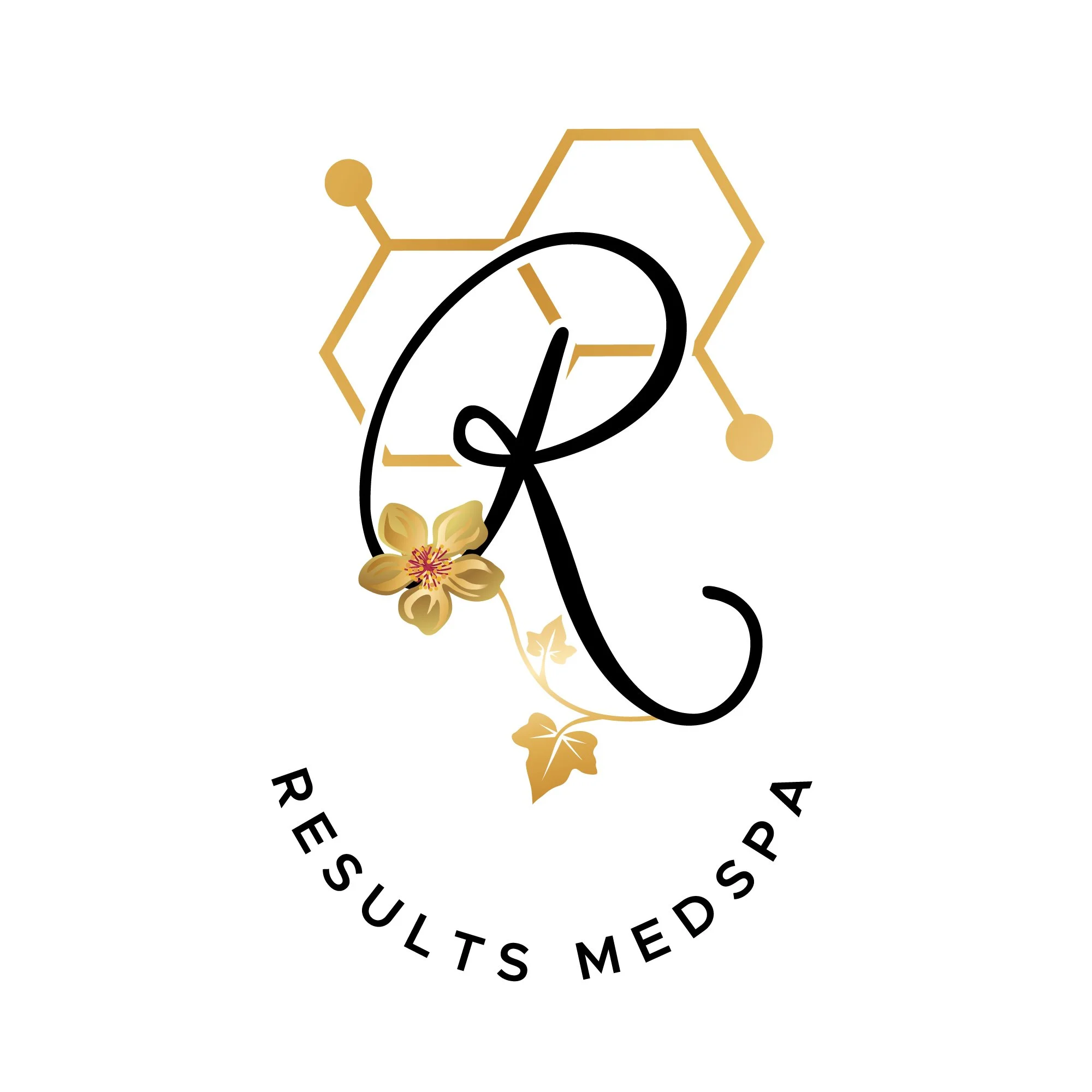 Logo featuring a stylized letter 'R' with gold floral and botanical accents, a honeycomb and molecular structure in gold, and the words 'Results MedSpa' curved below.