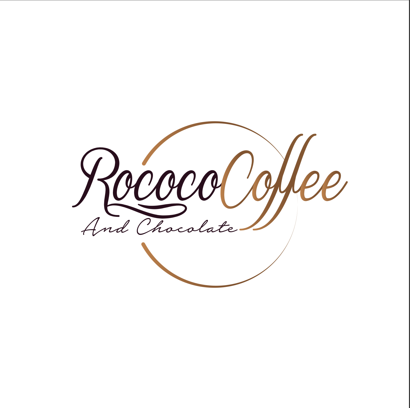 Logo for Rococo Coffee and Chocolate featuring stylized text with the words 'Rococo Coffee' and 'And Chocolate', with elegant script and a circular design element.