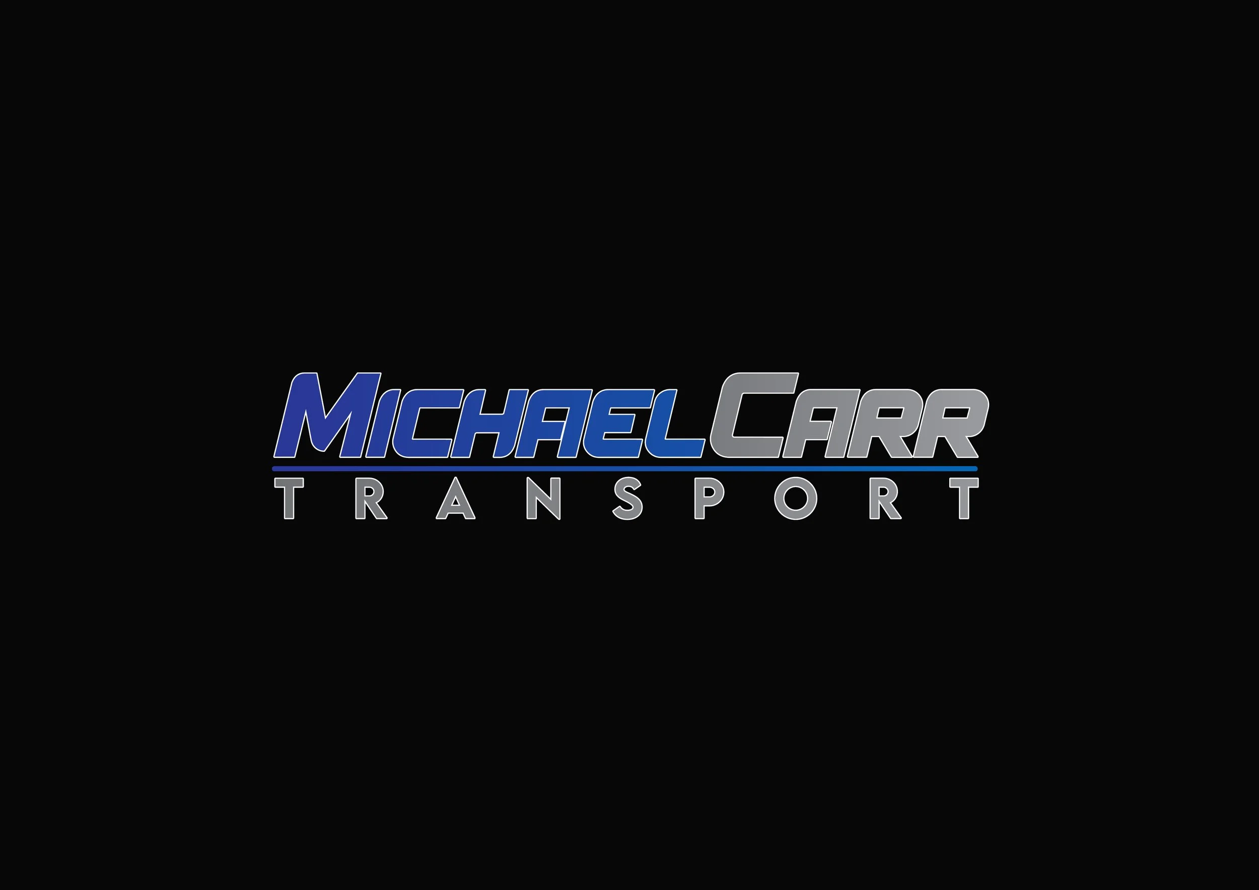 Logo with the text 'Michael Carr Transport' on a black background, with 'Michael' in blue and 'Carr' in gray.