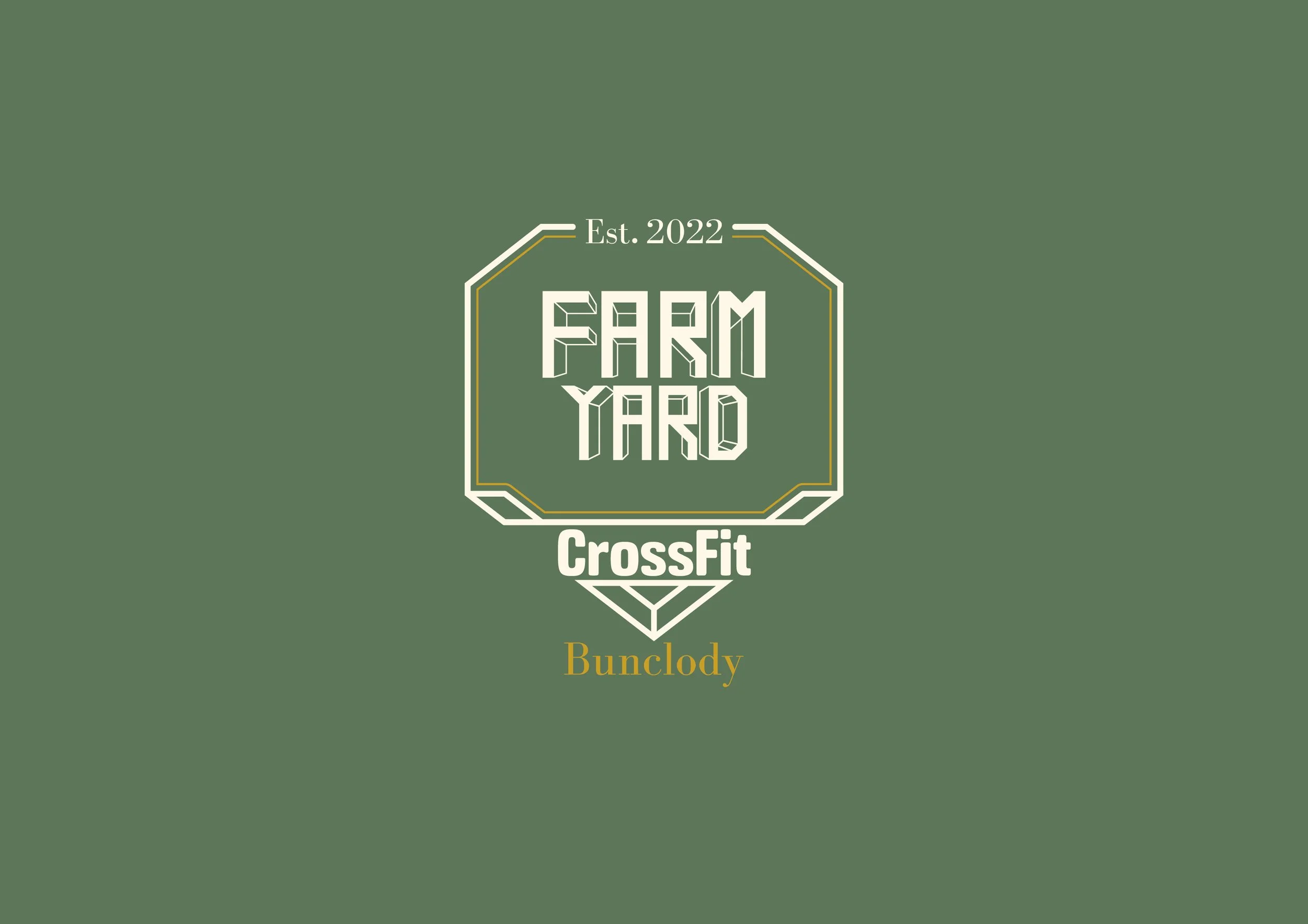 Logo for Farm Yard CrossFit in Bunclody with a green background, featuring a stylized badge with text and decorative borders.