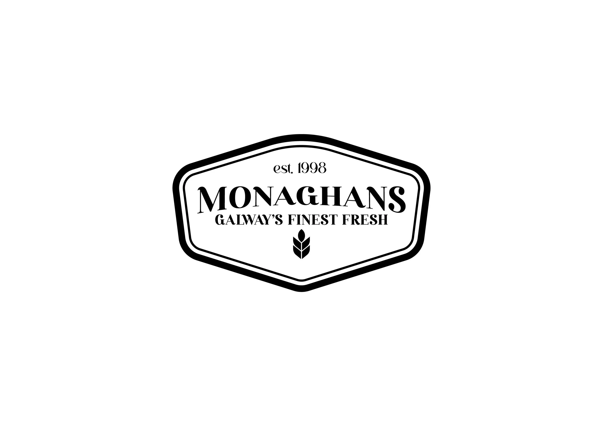 Black and white logo with text 'est. 1998 Monaghans Galway's Finest Fresh' and a small wheat symbol below.
