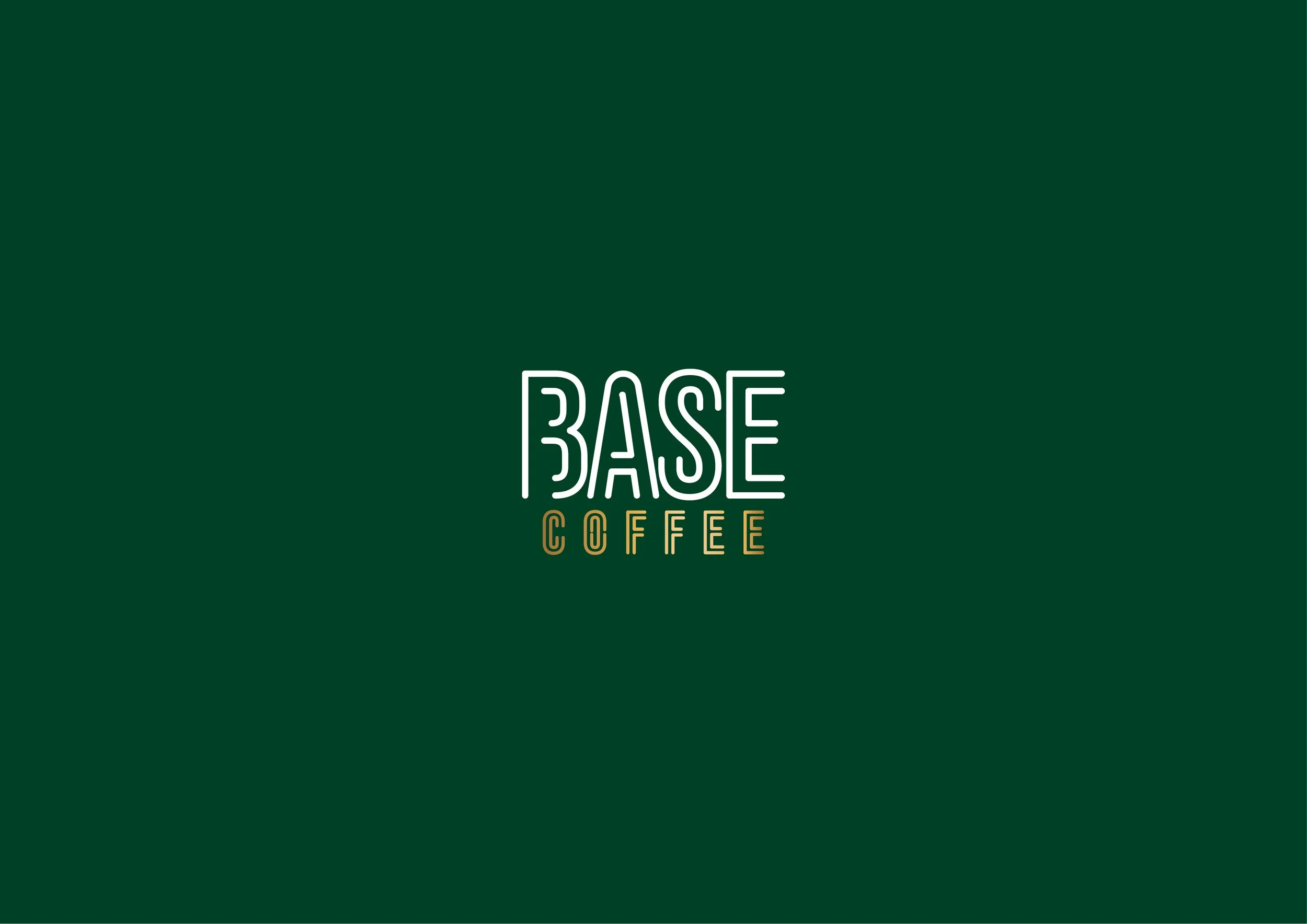 Logo for Base Coffee with green background and white and gold text.